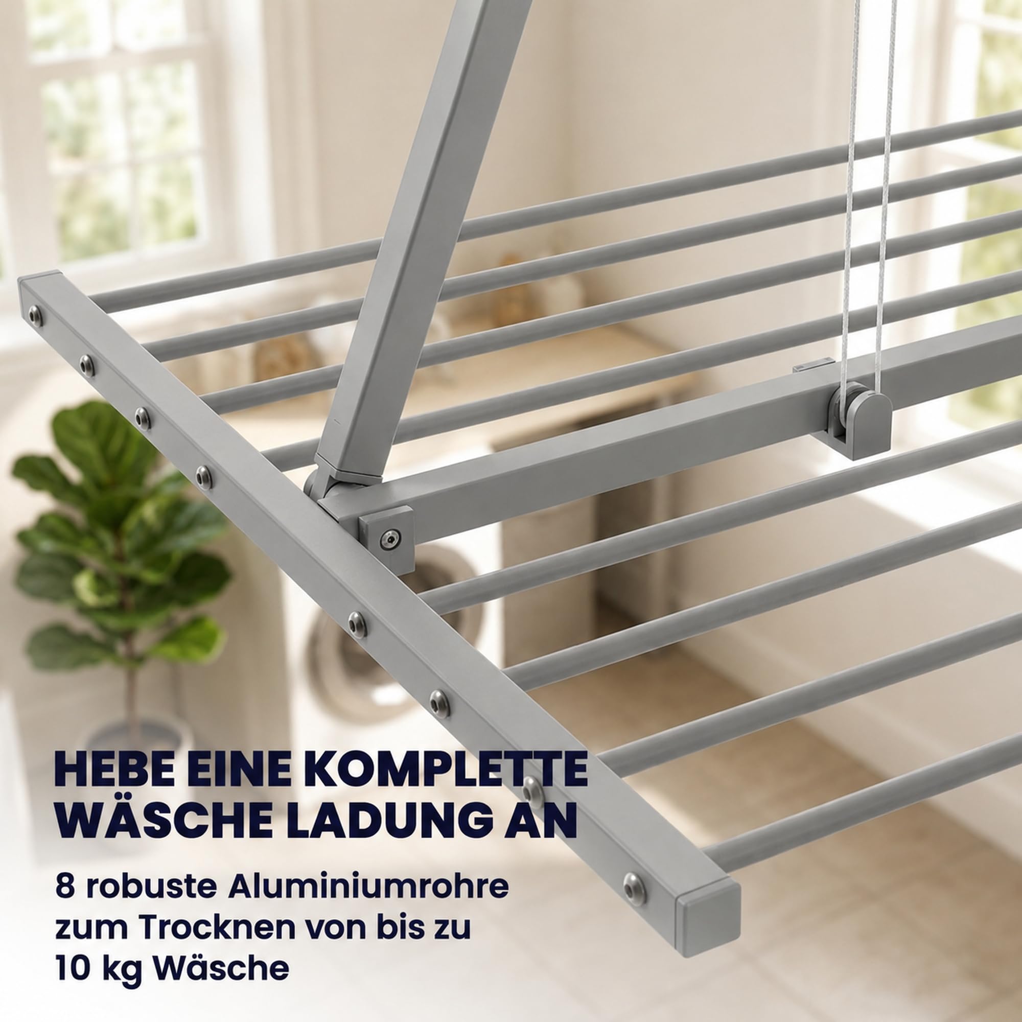 Foxydry Mini, klappbarer wäscheständer, deckenmontage, 128 cm | aus aluminium und edelstahl, platzsparend, für innen- und außenbereich, rostfrei, vertikales liftsystem, trägt 10 kg, grau