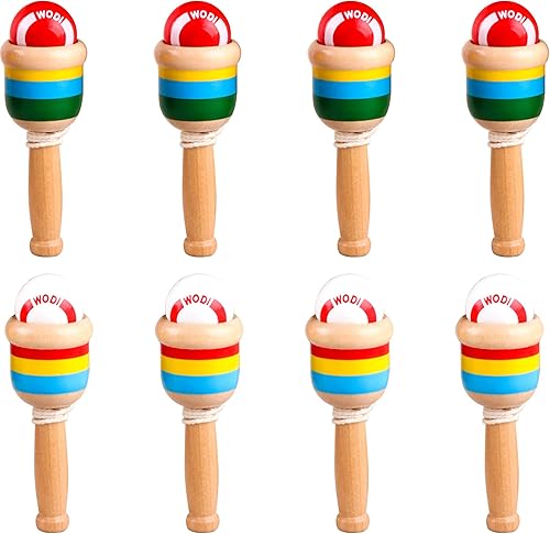 Paquete de 8 unidades de madera para atrapar pelotas, taza vintage para niños, juego educativo de coordinación ojo-mano, blanco y rojo