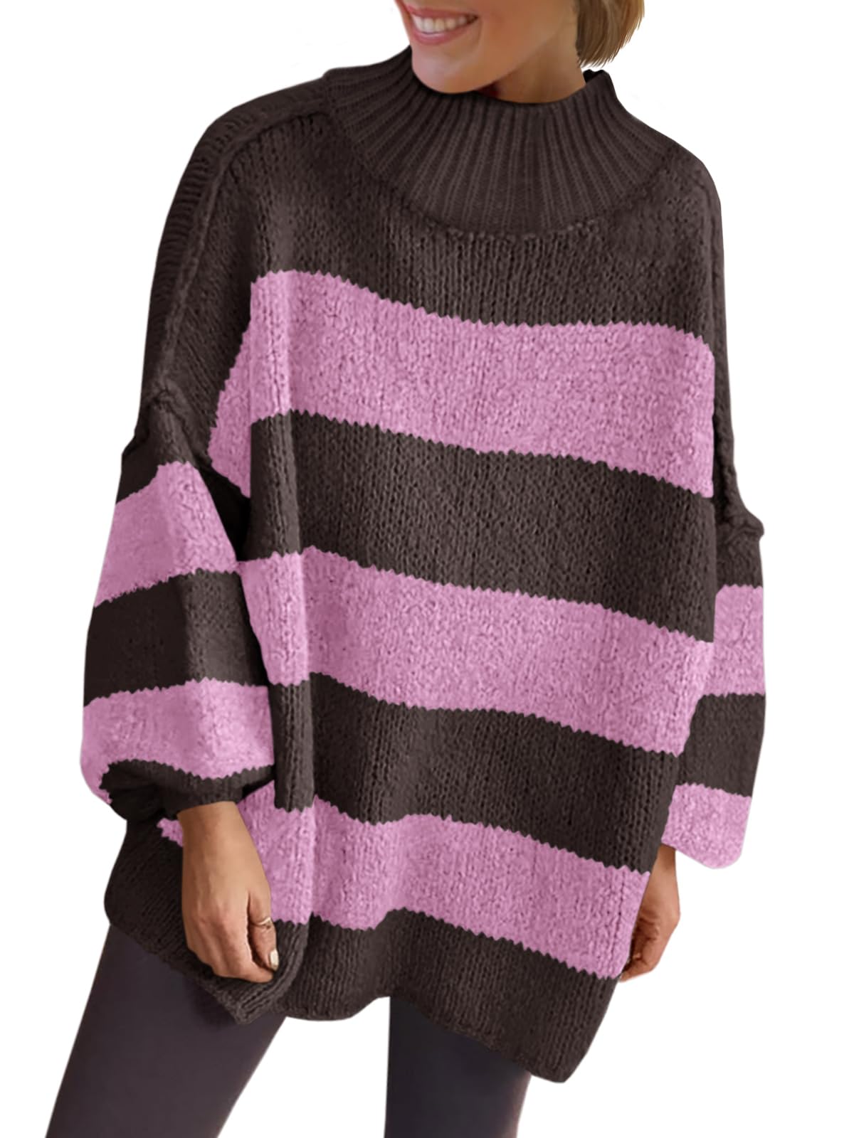 Saodimallsu Womens Oversized Striped Sweater Mock Neck Chunky Knit Lantern Long Sleeve Fall Trendy Tunic Sweaters Top