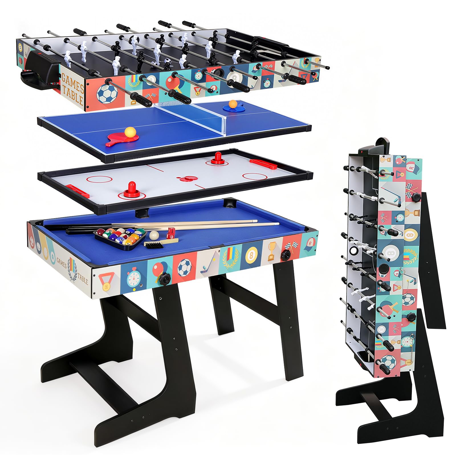 HLC 4 In 1 Multi Sport Game Combination Table Set for Kids Table Tennis Table, Pool Table, Table Football, Slide Hockey for Family Parent-child Interactive for Kids (4ft, 1.2m)