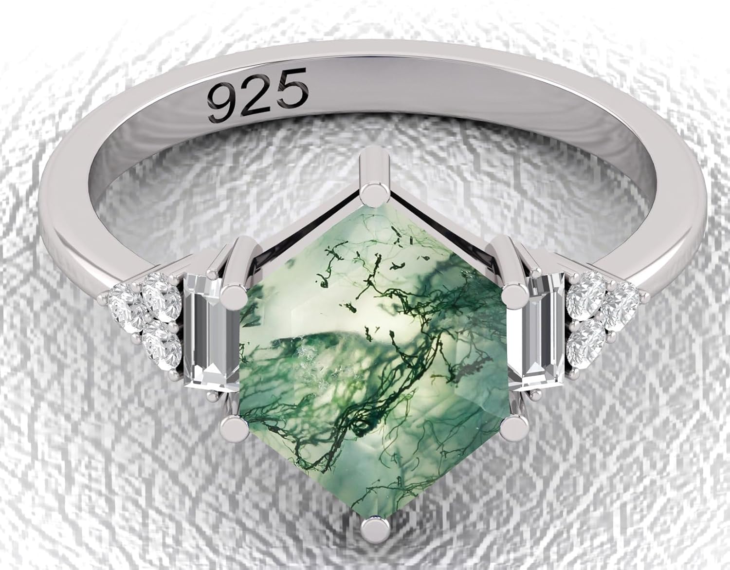 Natural Moss Agate Hexagon Ring 925 Sterling Silver, Handmade Nature-Inspired Gemstone Ring for Women Hypoallergenic Promise or Engagement Jewelry 8×11 mm 2.50 Carat