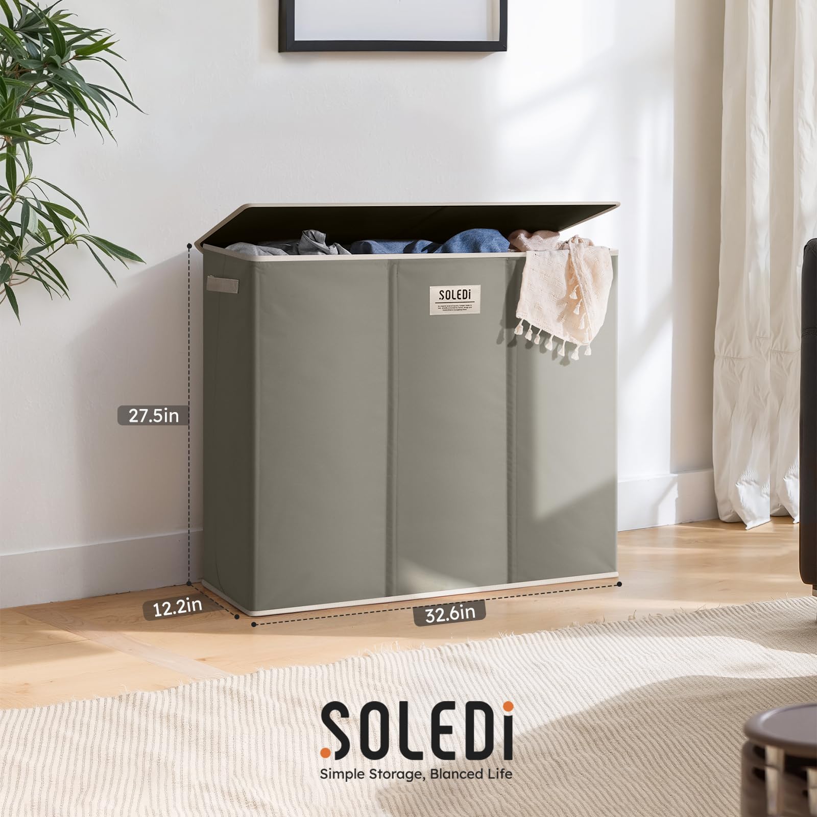 SOLEDI Laundry Basket 3 Compartments 180L Washing Basket with Lid, Collapsible Laundry Baskets - Image 3