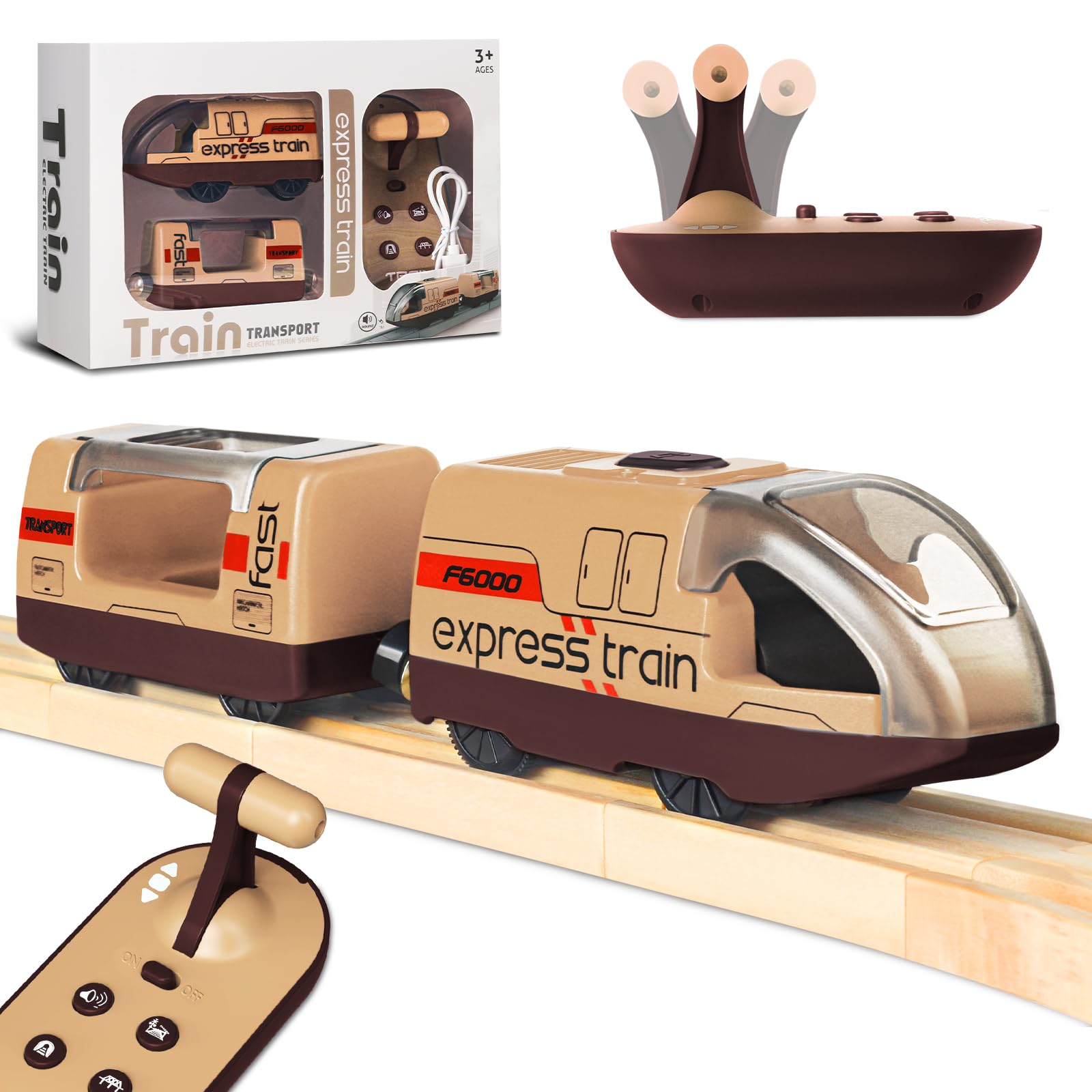Electric Remote Trains Toy for Wooden Track, Remote Control & Motorized Train with 4 Sound and Light Effects for Kids 3 4 5+ Years Old Boys Girls, Compatible with Thomas,Brio,Chuggington-Brown
