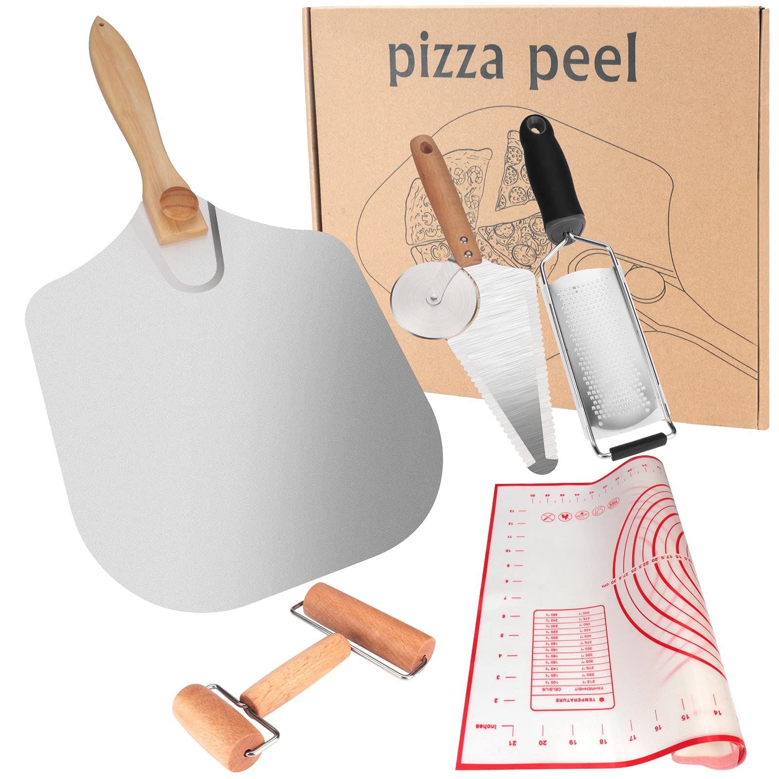 Fukep Pizza Peel & Pizza Cutter, 14 inch x 12 inch Aluminum Oxidation Pizza Peel with Folding Wood Handle, Pastry Pizza Roller, Cheese Grater, Silicone Pastry Mat Pizza Set for Baking Homemade Pizza