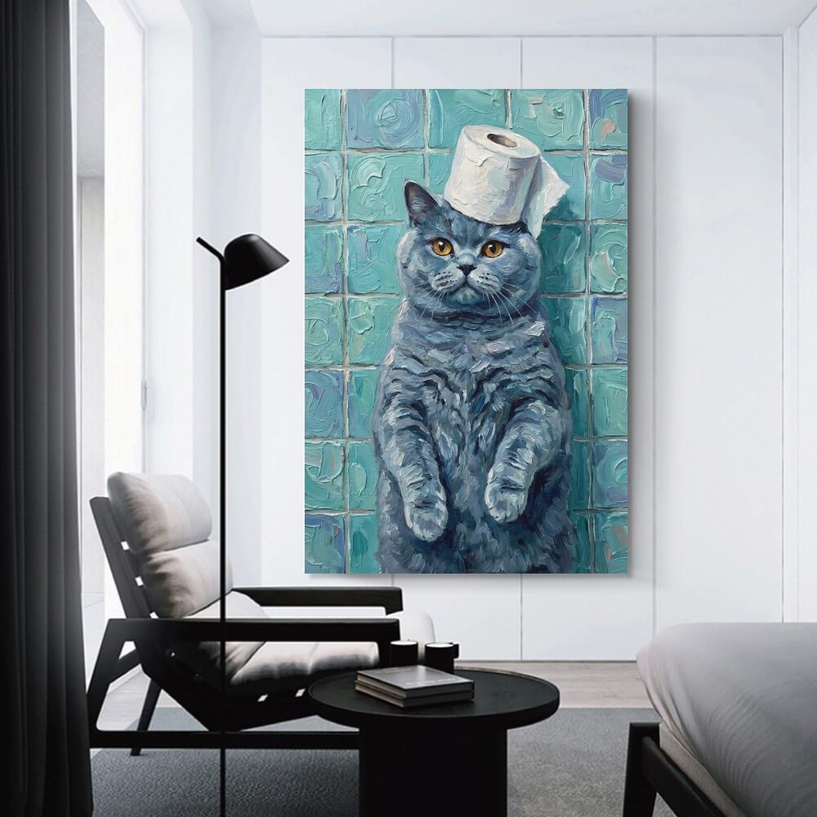 Junmoney Cat British Shorthair with Toilet Paper Wall Decor Canvas Print, 24x36inch(60x90cm), for Living Room, Lounge Or Sitting Room, Easy Decor for Gallery Walls