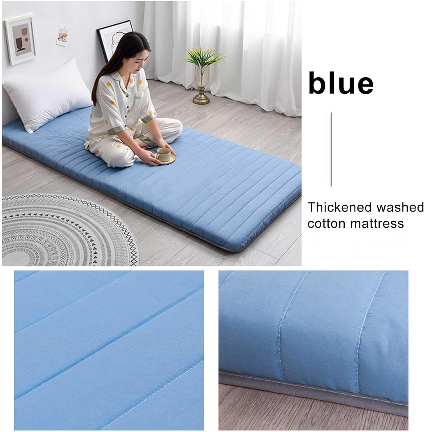 Matelas De Sol Simple avec Sac De Rangement sous Vide Réutilisable - Tapis De Tatami Japonais Matelas Futon en Coton Roulable Lit D'appoint Pliable Dortoir étudiant (90x190CM,Bleu)