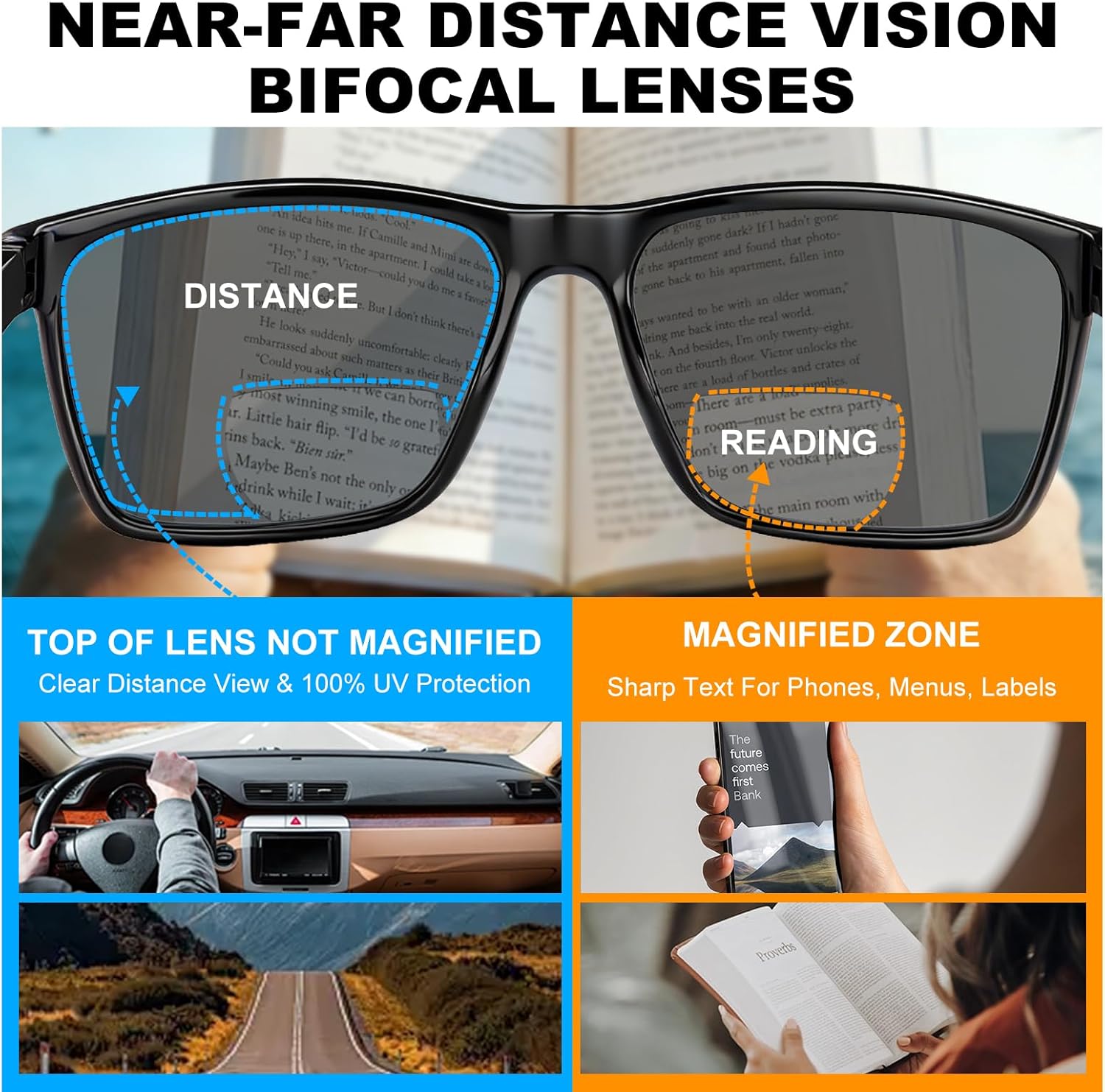 Missfive 2 Pack Snazzy Mens Bifocal Sunglasses with Readers Built in, Breathable Rugged TR90 Lightweight Dark Lenses Bi-Focal Reading Glasses, UV400 Protection, Outdoor/Driving/Gardening, 2.5x