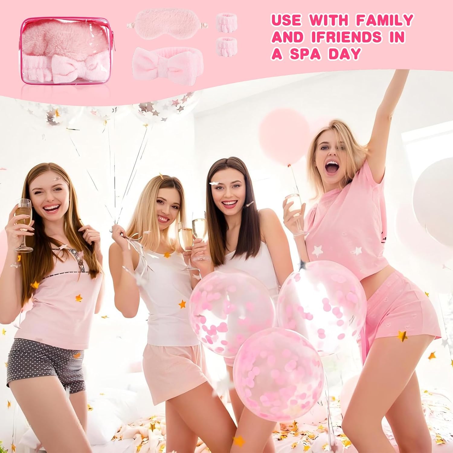 40 Pcs Sleepover Party Supplies for Girls, 8 Spa Headband, 16 Hand Bands, 8 Plush Sleep Eye Mask, 8 Clear Cosmetic Bags, Makeup Washing Face, Bulk for Spa Party Favors