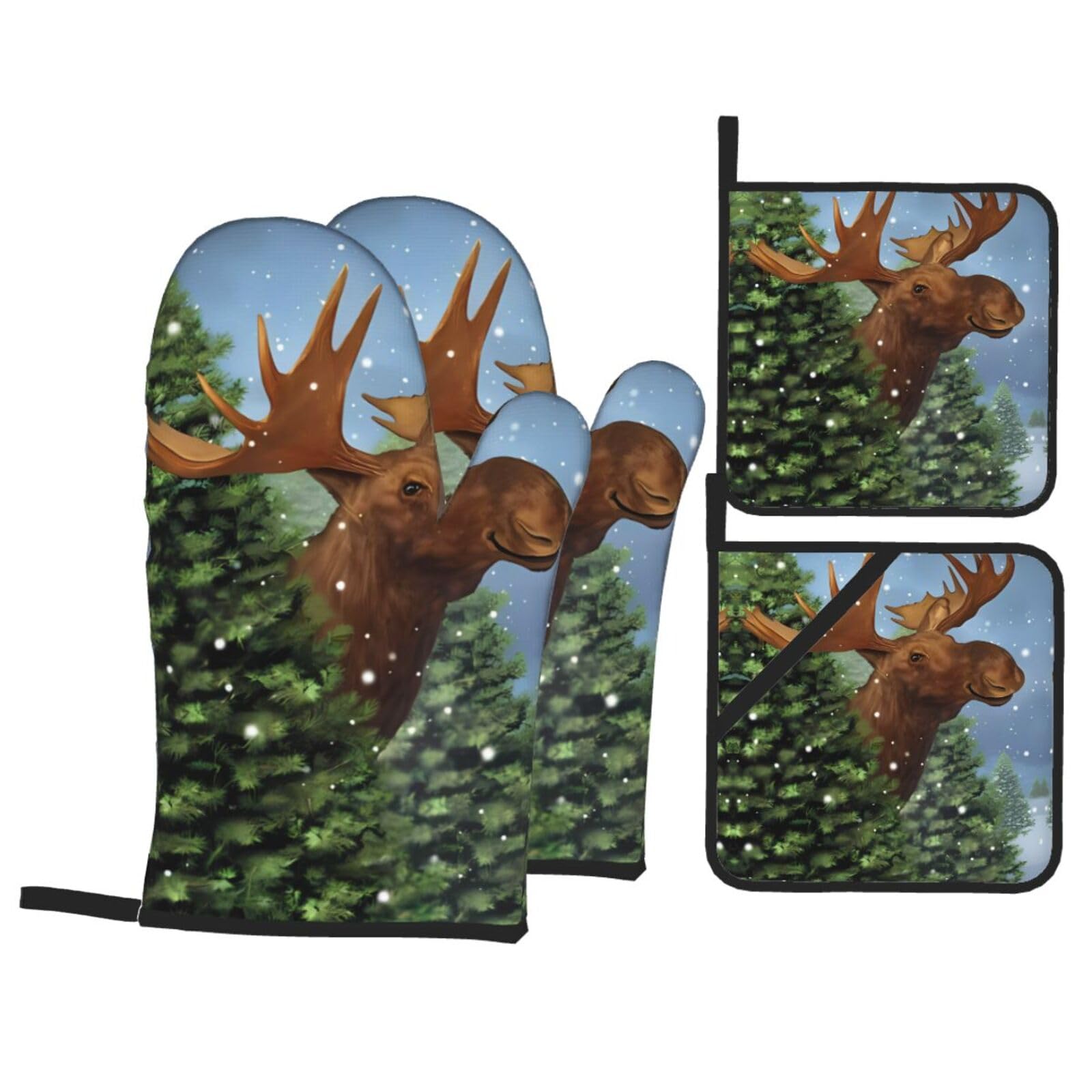 WHJSHOP Christmas Winter Deers Prints Kitchen Baking Throw Set with Heat Resistance, Waterproof Oven Mitts & Pot Holders for Cooking, Grilling & Handling Hot Dishes
