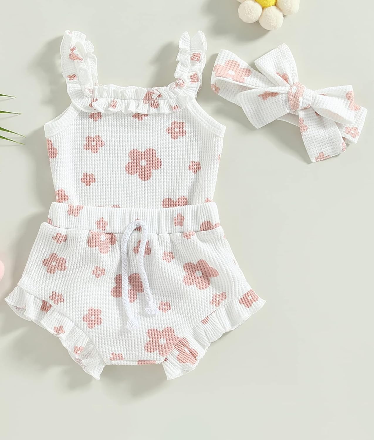Newborn Infant Baby Girl Summer Clothes Outfits Set Floral Print Romper Tops Drawstring Short Headband Clothes Set - Image 2