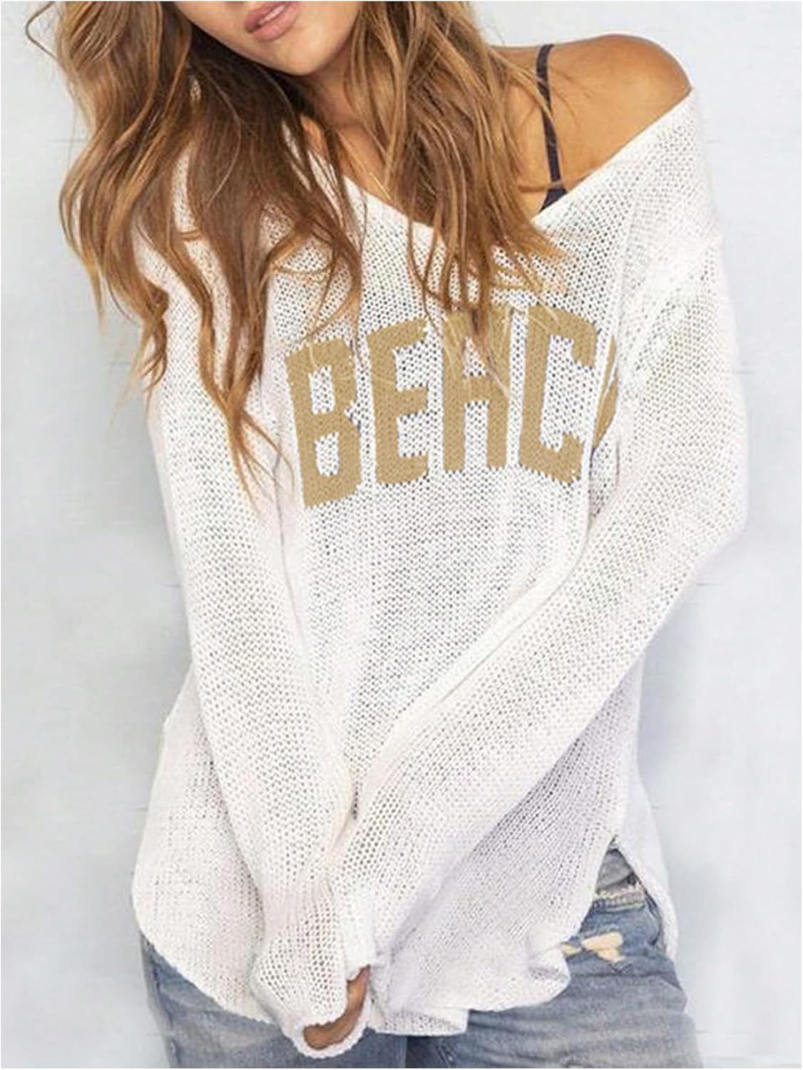 Women's Letter V Neck Beach Sweaters Long Sleeve Split Crochet Tops Knit Pullovers Cover Up - Image 2