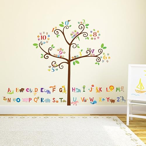 Miniatura 8 de Pegatina para pared de Decowall DA-1503, animales con alfabeto y búhos con árbol de números, para niño, pegatina para pared, pela y remueve, para