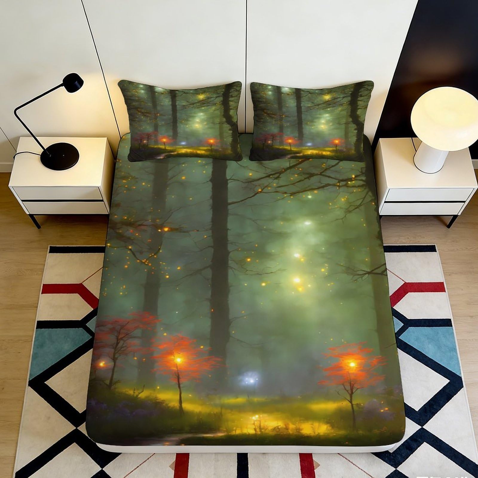 3D Printed Enchanted Forest Fitted Sheet Microfiber Soft Mattress Cover Firefly Glow Bed Decoration for Bedroom Home 90x200x25cm