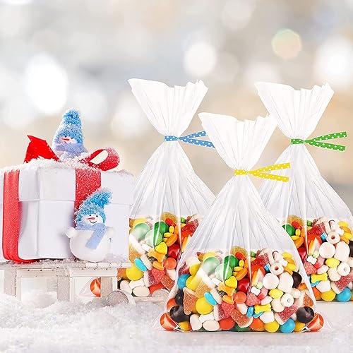 Miniatura 6 de Newkita Bolsas pequeñas de celofán, bolsas de regalo transparentes para dulces, paletas de pastel, golosinas y recuerdos de fiesta con lazos de 4