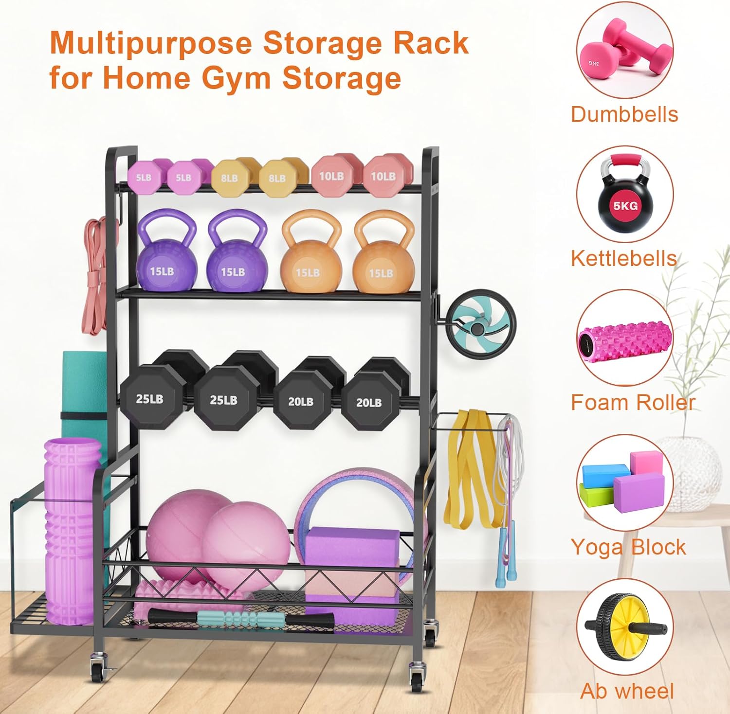 Dumbbell Rack, Adjustable Weight Rack for Home Gym Storage with 4 Wheels, Side Basket, Hooks, Multipurpose Metal Dumbbell Stand for Kettlebells, Yoga Gear, Strength Training Equipment, Black