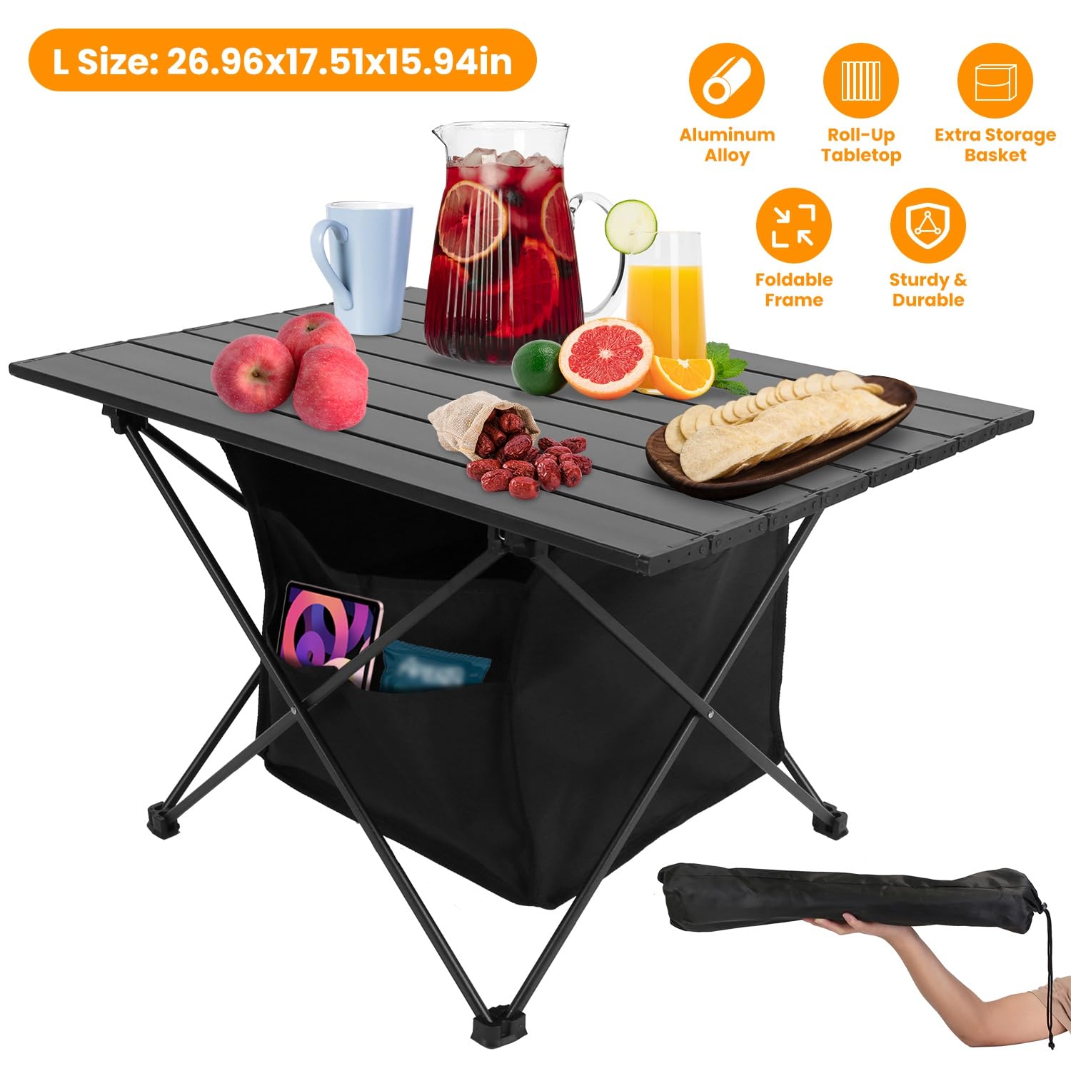 TeqHome Portable Camping Table, Camping Table Foldable with Basket Storage and Carrying Bag, Ultralight Aluminum Alloy Beach Table for Camping Picnic BBQ Beach Party
