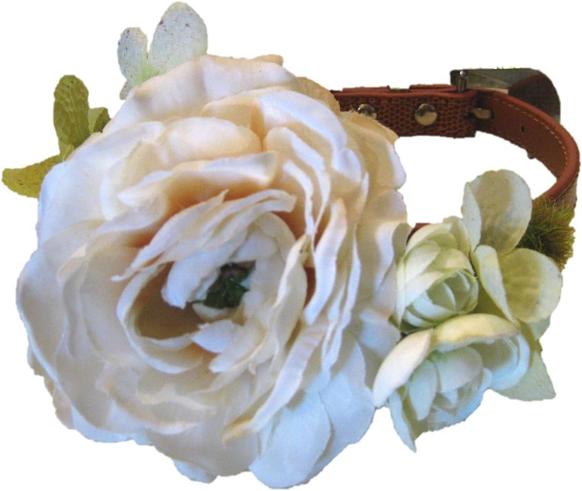 Wedding Flower Dog Collar- Rustic Ivory, Flower Dog Collar XS S M L (Medium w/leash fits 11.5"-14" neck)