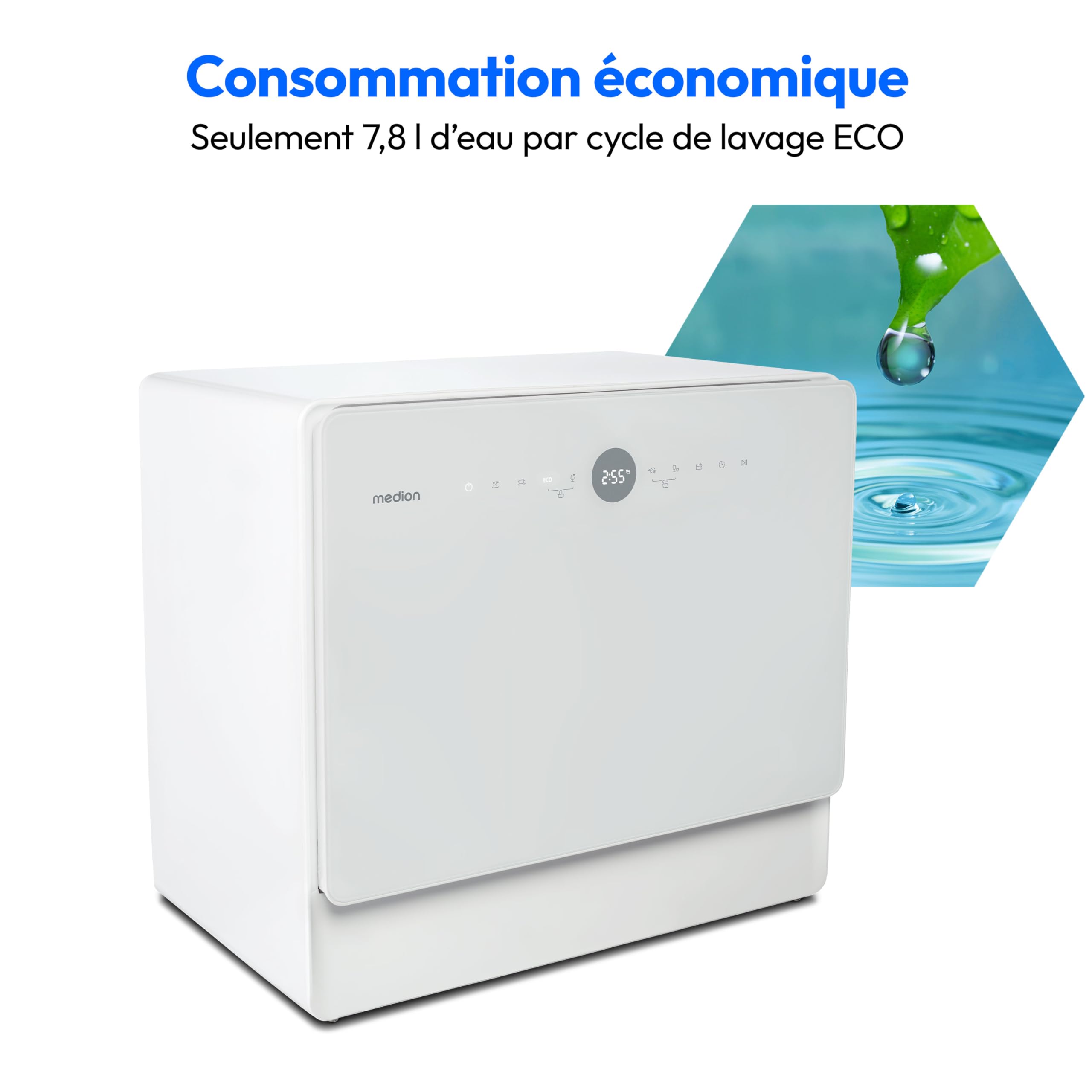 MEDION Mini lave-vaisselle DWT50 (lave-vaisselle de table, lave-vaisselle, 5 couverts, fonctionne avec/sans raccordement à l'eau, fonction seau, 35 cm de profondeur, 7 programmes de nettoyage, MD 3777