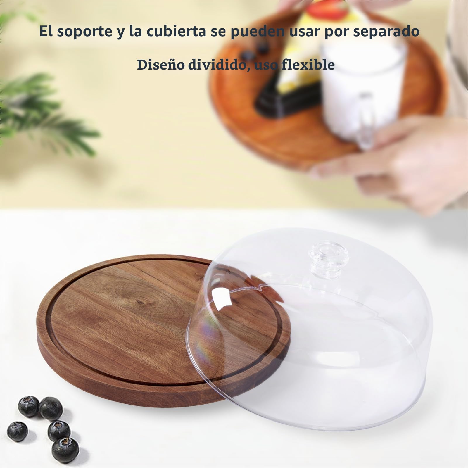 Buachois Soporte para Pastel con Tapa de Madera, Ø 30 cm / 12 Pulgadas Pastel Tapa, 2 en 1 Mesa de Pantallas de Charcutería de Redondo de Exhibición de Postres con Cúpula de Acrílico para Bandeja