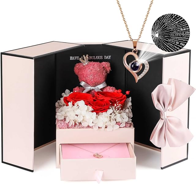 ADDWel Preserved Red Real Rose with I Love You Necklace in 100 Languages -Enchanted Rose Flower Bear Cute Romantic Anniversary Christmas Birthday Gifts for Mom Wife Girlfriend Her Women