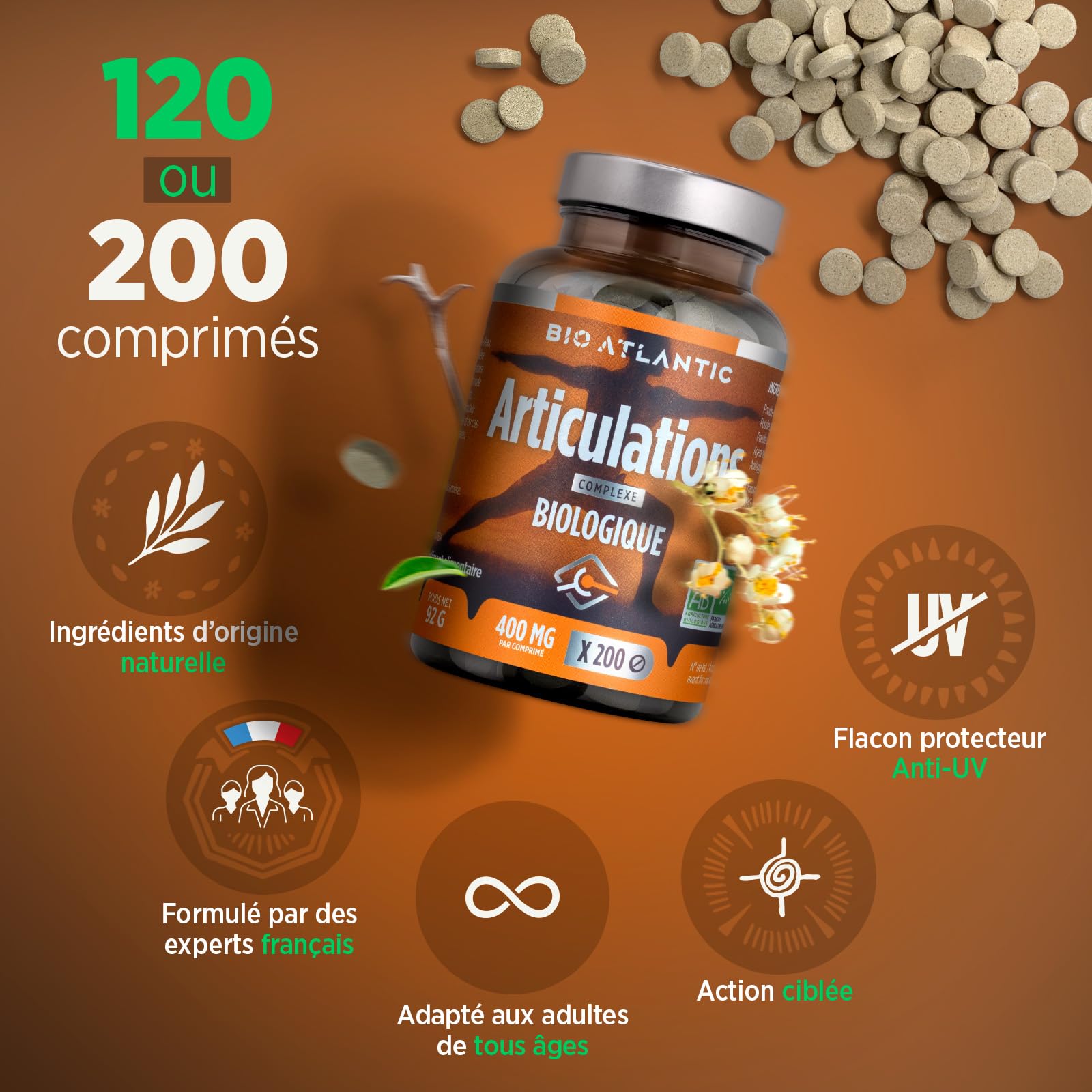 Articulation Bio 400 mg – 200 Comprimés - Prêle, Reine des Prés et Harpagophytum - Maintenir la Santé Articulaire.