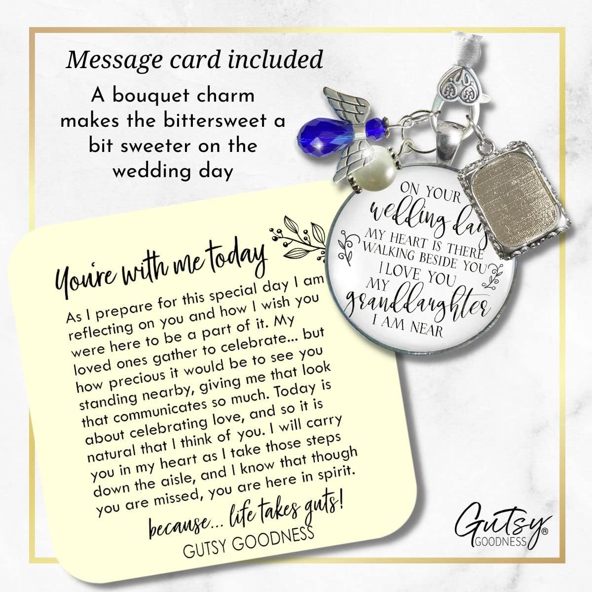 Bouquet Photo Charm Wedding Memory Something Blue Angel - I Know You'd Be Here If Heaven Honor Love One, Silver Finish Handmade Bridal Jewelry White Glass Pendant 2 Frames Gift Message & Box for Bride