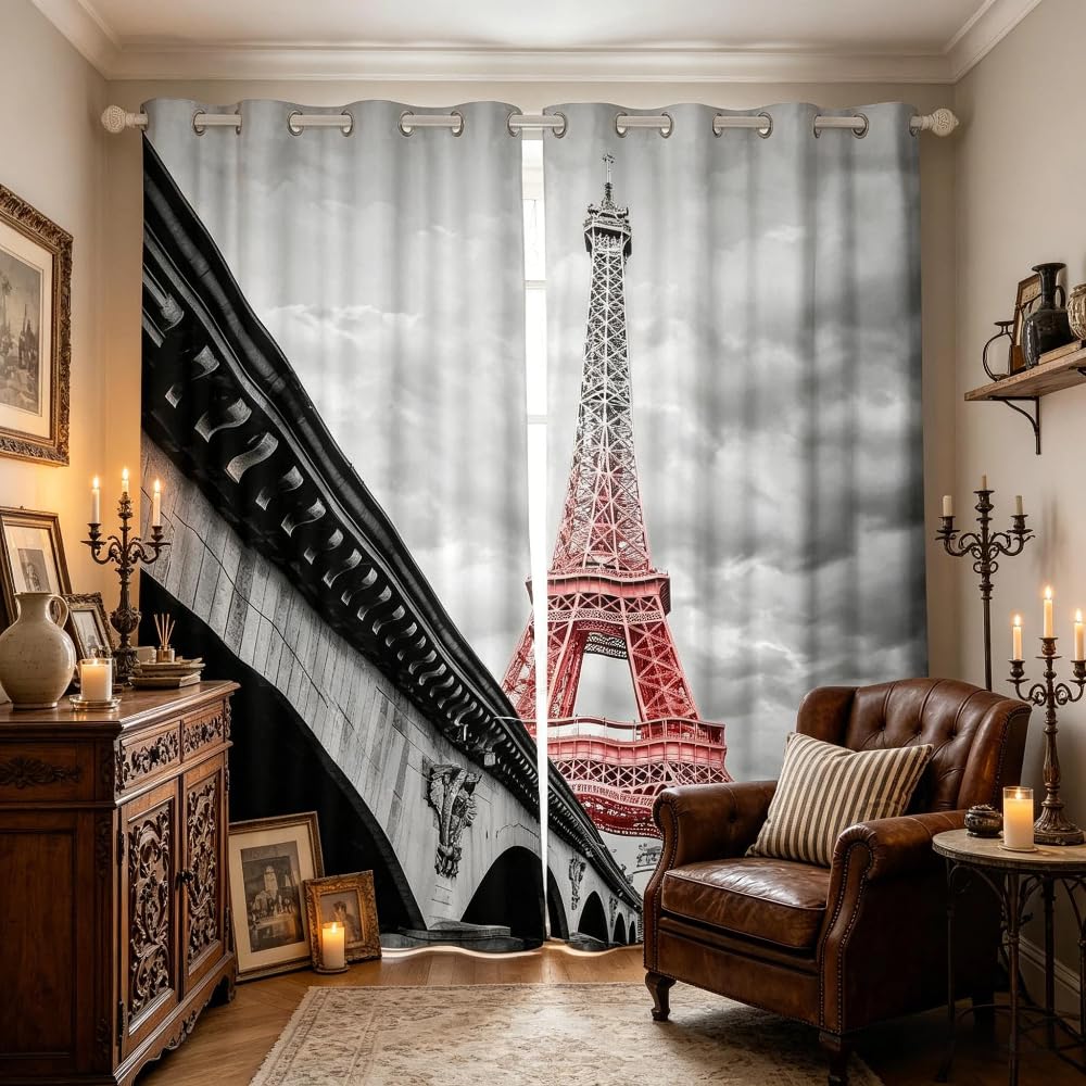 Loussiesd Chic Paris Curtains Eiffel Tower Window Drapes Kids Boys Girls Gradient Grey Pink Tower Window Curtains for Bedroom Living Room French Bridge Capital Window Treatments,W46*L54 — image 1