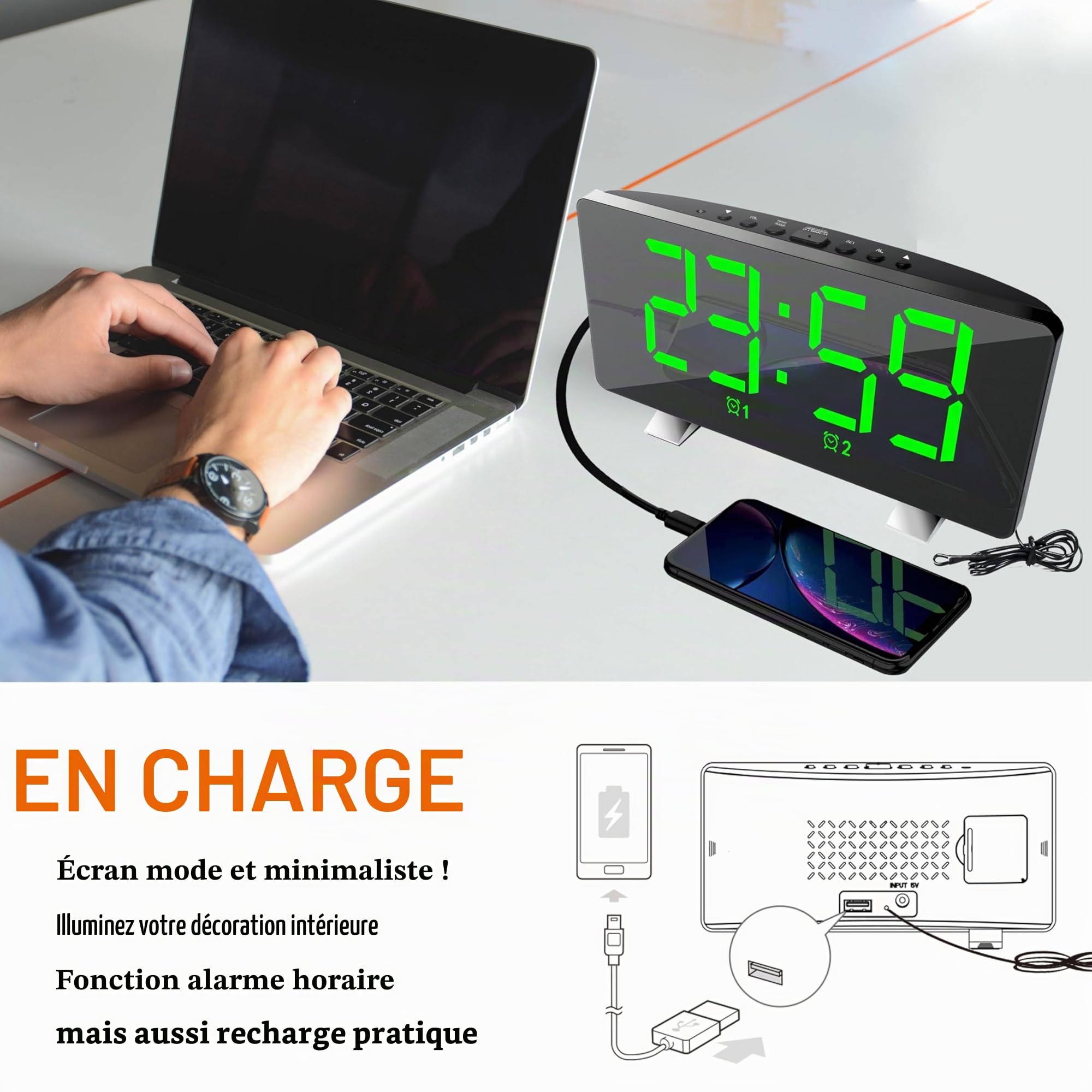 Réveil Radio pour Chevet Horloge Numérique Grand écran Fonction Snooze Double Alarme Volume Réglable Adaptateur Inclus