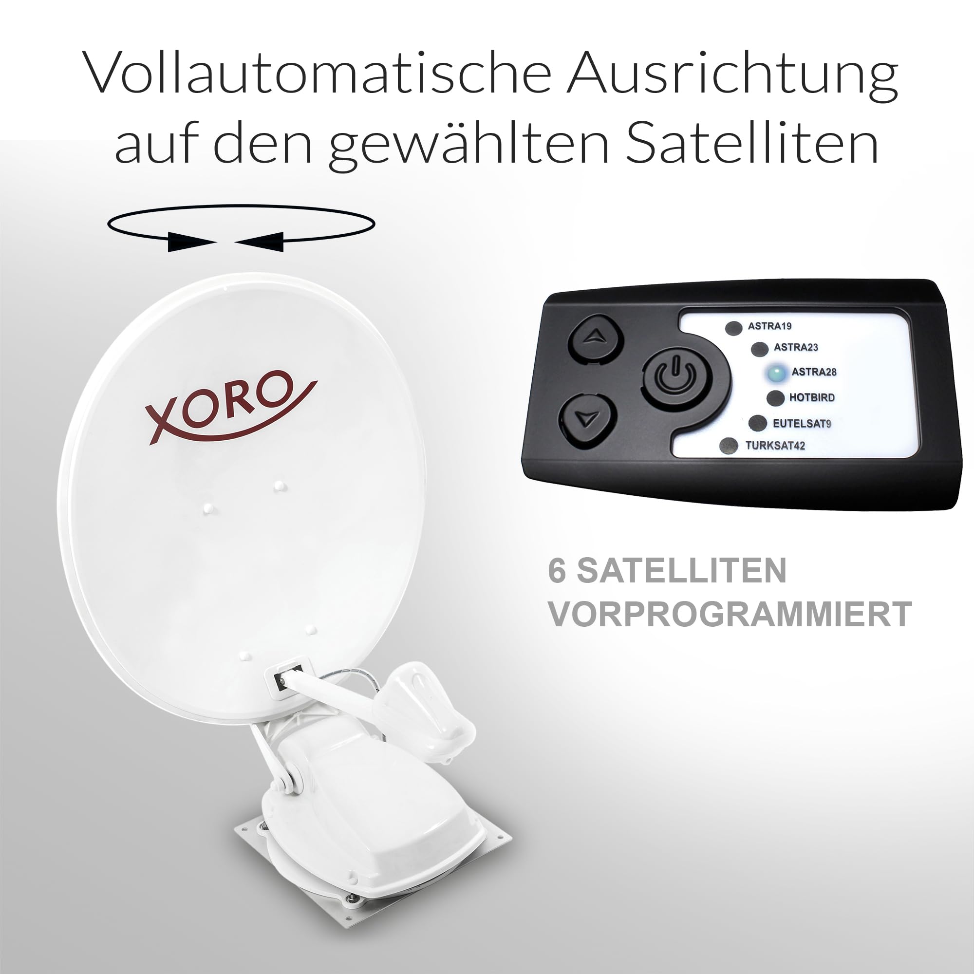 XORO MTA 80 - vollautomatische 80 cm Satellitenantenne, Einsatz stationär & mobil, 12/24 V Betrieb, inkl. Steuergerät, Installationskabel & Zubehör, Weiss