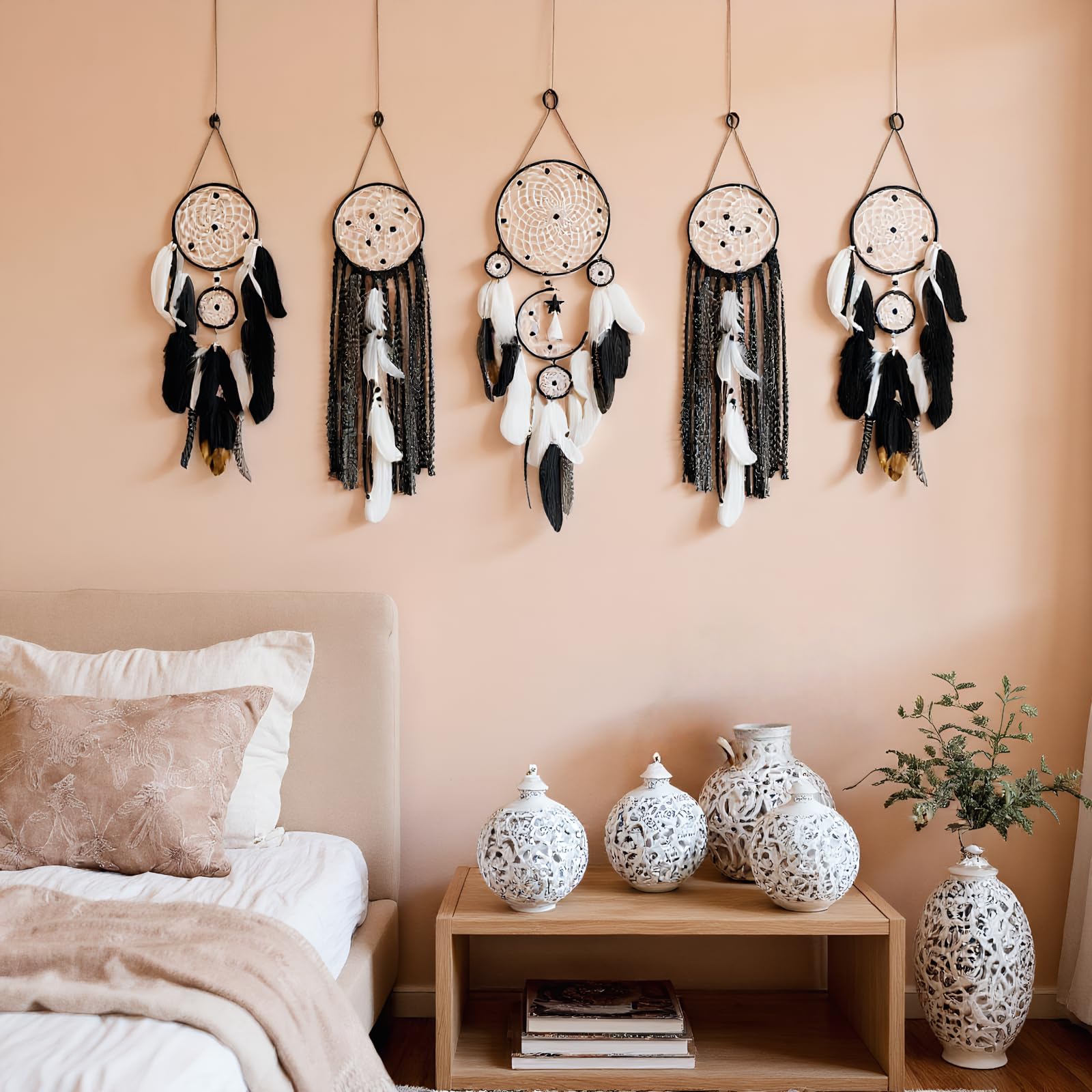 Traumfänger Wanddekoration, großer Boho-Traumfänger mit luxuriösen Federn und Perlen, handgefertigter Wandbehang für Schlafzimmer, Kinderzimmer, Wohnzimmer, Geschenk bereit für Mädchen & Erwachsene