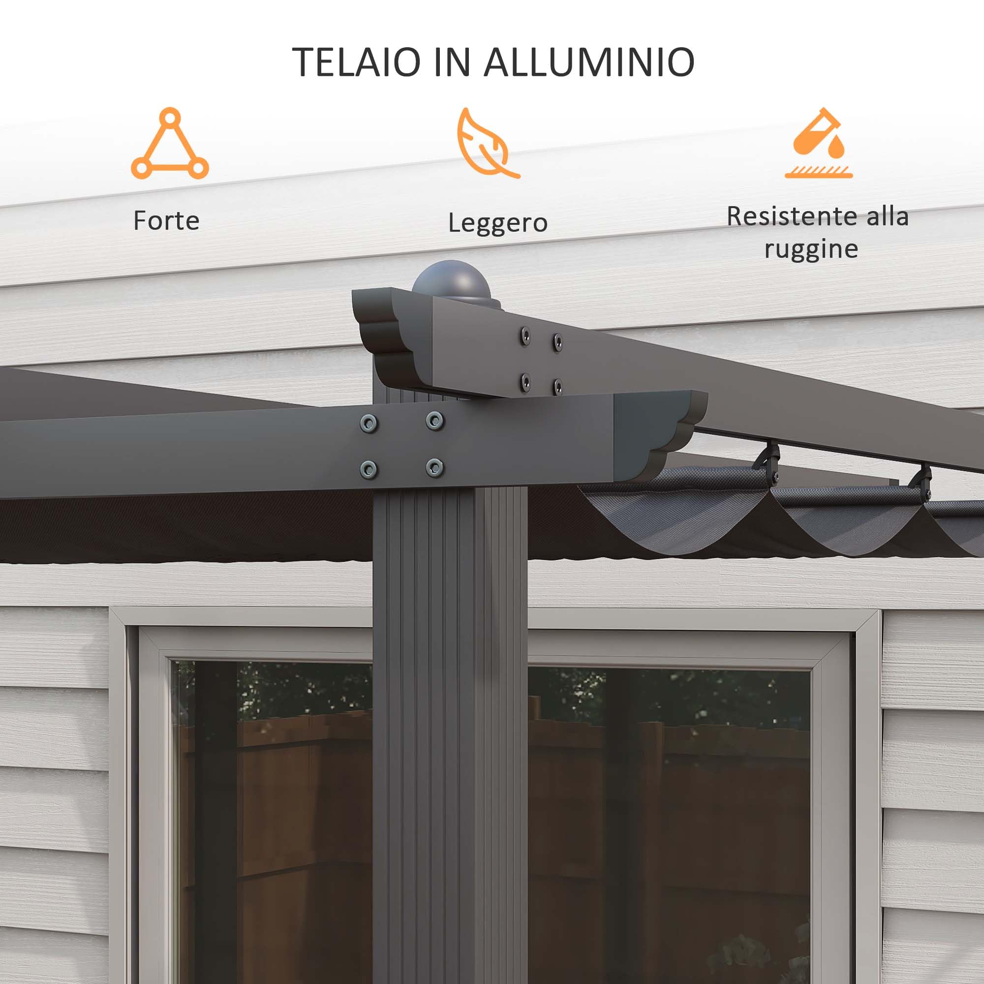 Outsunny Gazebo per Giardino 4x3 m con 8 Fori di Drenaggio, Picchetti e Viti, Pergola in Metallo, Alluminio e Poliestere, Grigio Scuro