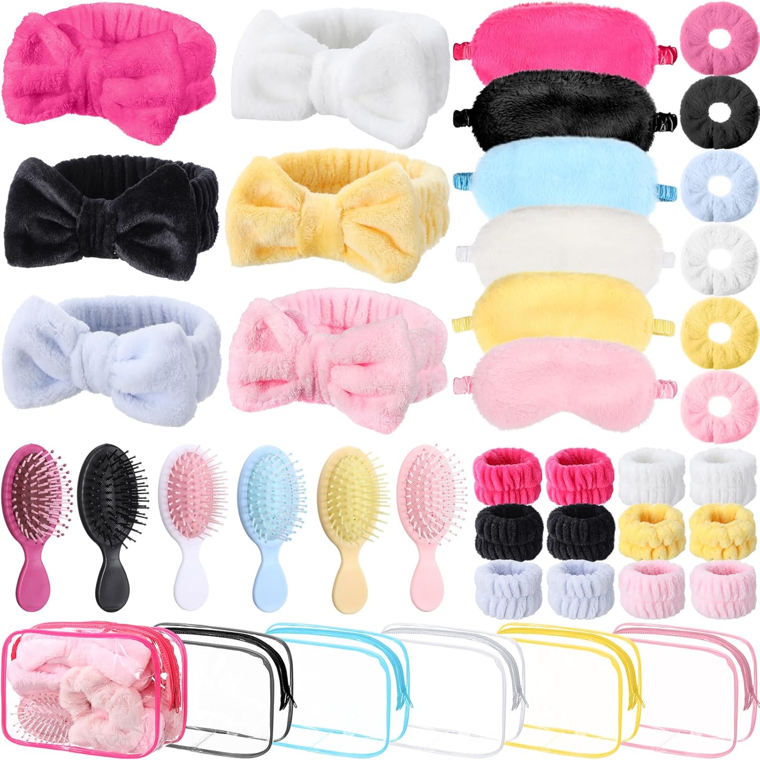 36 Pieces Spa Sleepover Party Favors for Woman 6 Pcs Spa Headband 6 Eye Mask 6 Velvet Scrunchies 6 Pcs Wristband 6 Hair Brush 6 Cosmetic Bags for Adult Slumber Party Gift(Pink)