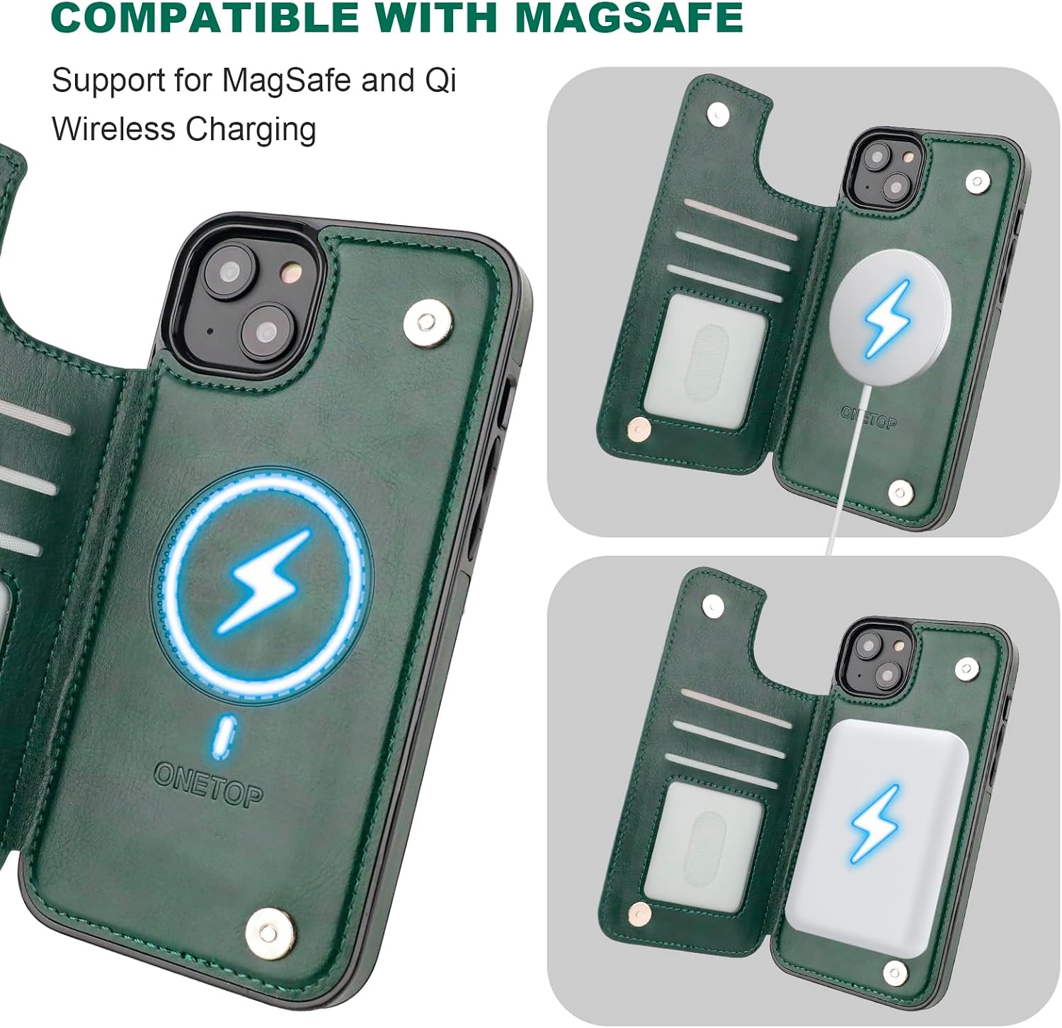 ONETOP Compatible with Magsafe for iPhone 15 Plus Wallet Case with Card Holder, PU Leather Kickstand RFID Blocking Case, Double Magnetic Clasp and Durable Shockproof Cover 6.7 Inch (Green)