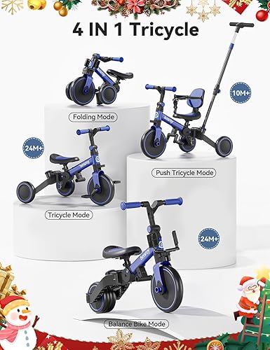 Miniatura 2 de besrey Bicicleta 5 en 1 para niños pequeños con mango de dirección para padres para niñas y niños de 1 a 3 años, triciclo plegable para niños,