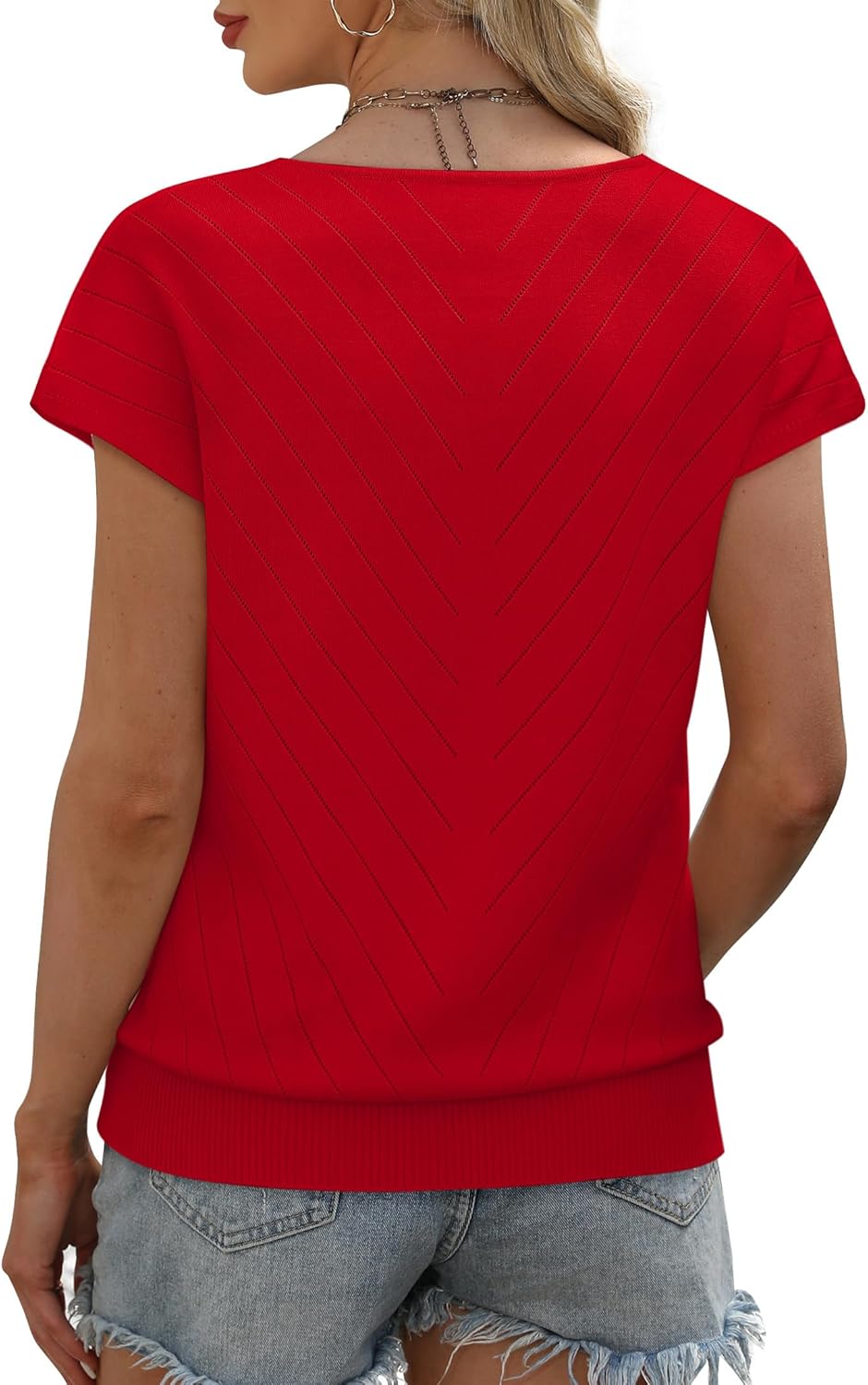 OFEEFAN Womens Sweaters Short Sleeve V Neck Summer Tops Trendy Fashion Business Casual Outfits Dressy Clothes - Image 5