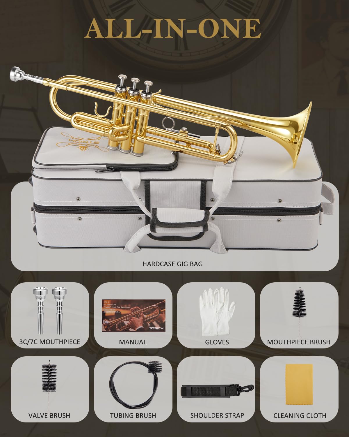 STRICH Bb Standard-Trompeten-Set für Anfänger, Blechblasinstrument für Schüler mit Hartschalenkoffer, Reinigungsset, Mundstücken 7C und 3C, Handschuhen – STR-1G, Gold