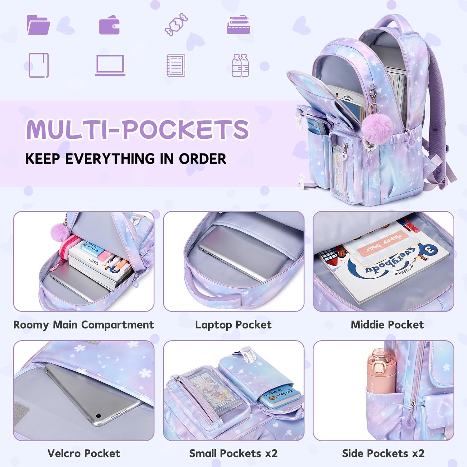 Girls Backpack, School Backpack for Girls, Cute Bow Kids Bookbag for Grils Children Teens for Elementary Middle High School Student, Back To School, Purple Sakura