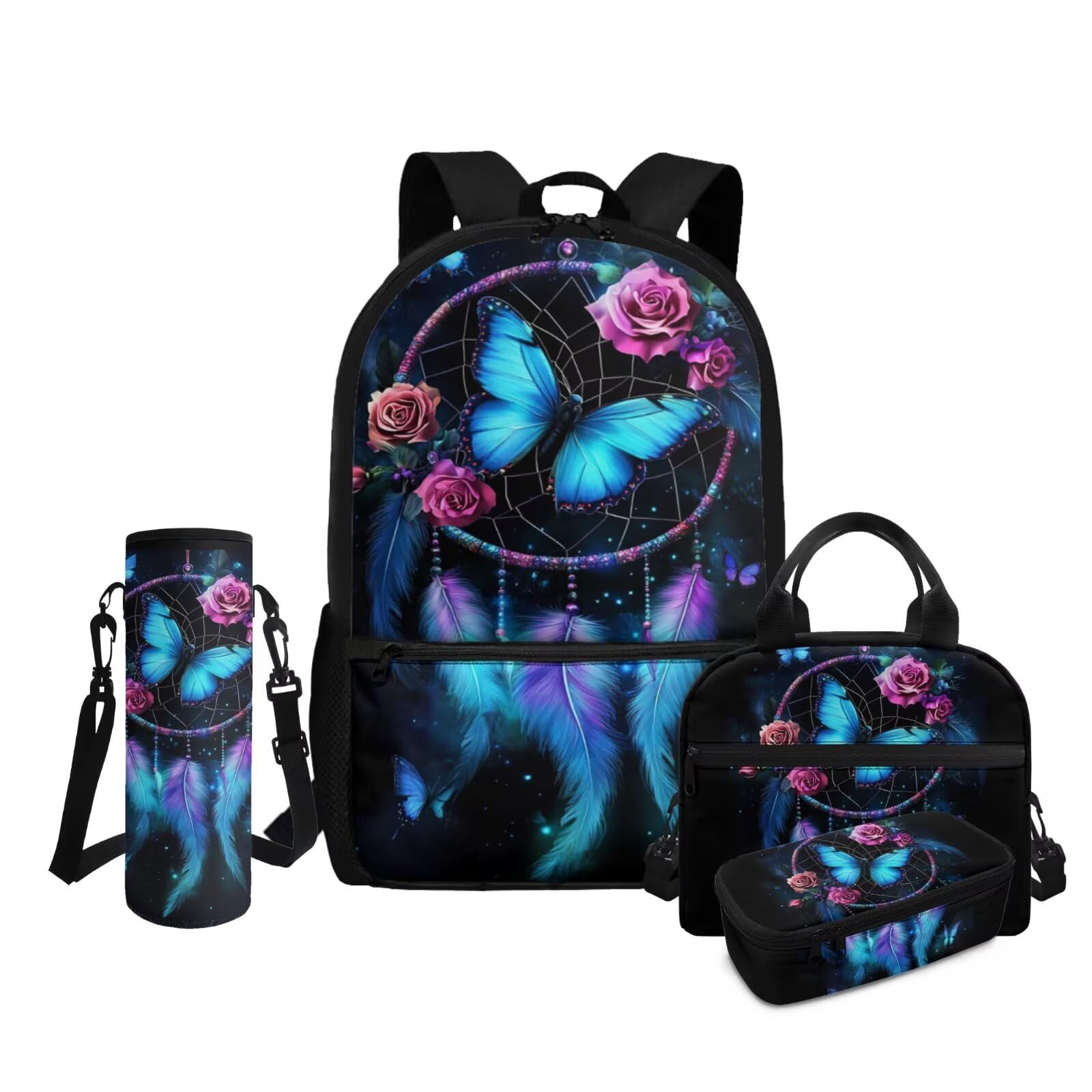 Coldinair Butterfly Flower School Backpack for Teens Girls 4 Pcs Schoolbag Set with Lunch Box Pencil Case and Water Bottle Carrier Bag Aesthetic Book