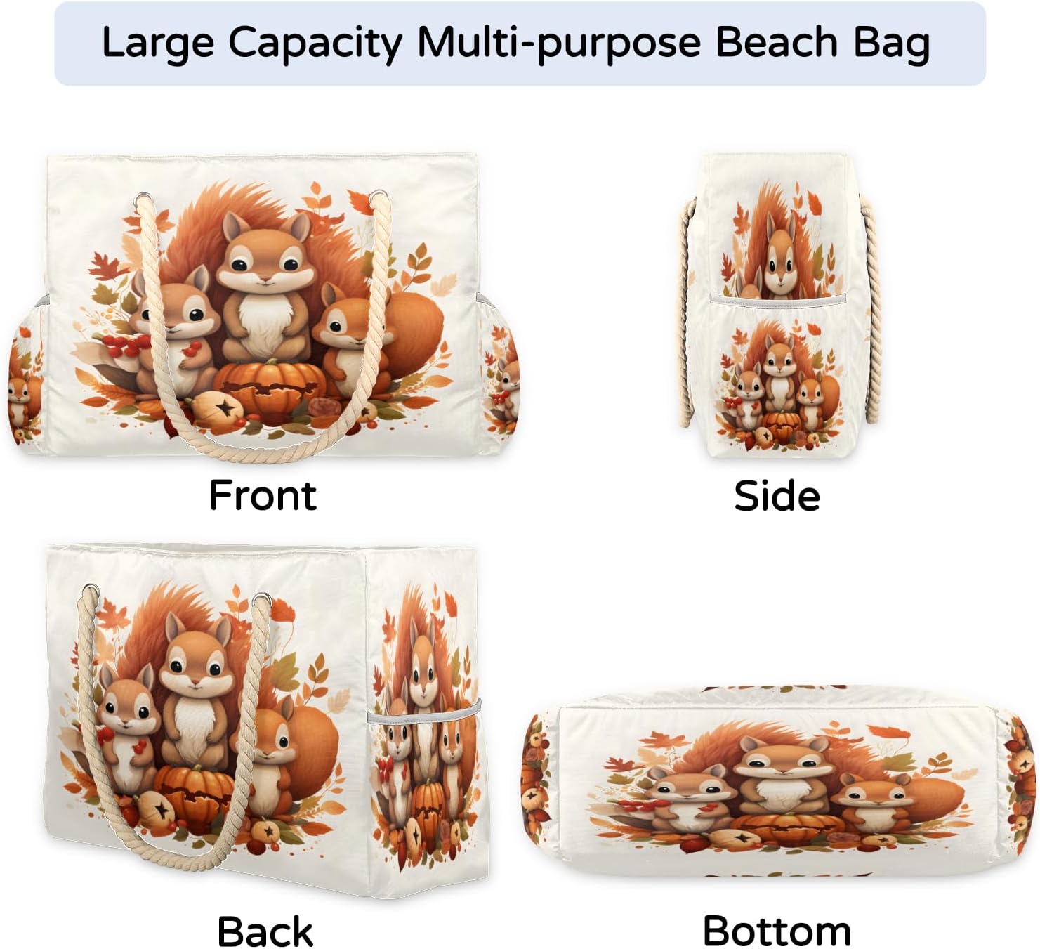 Watercolour Squirrel Pumpkin Berry Maple Leaf Beach Bag for Women Waterproof Sandproof Tote with Zipper Cotton Rope Handles for Travel Pool Gym Shopping