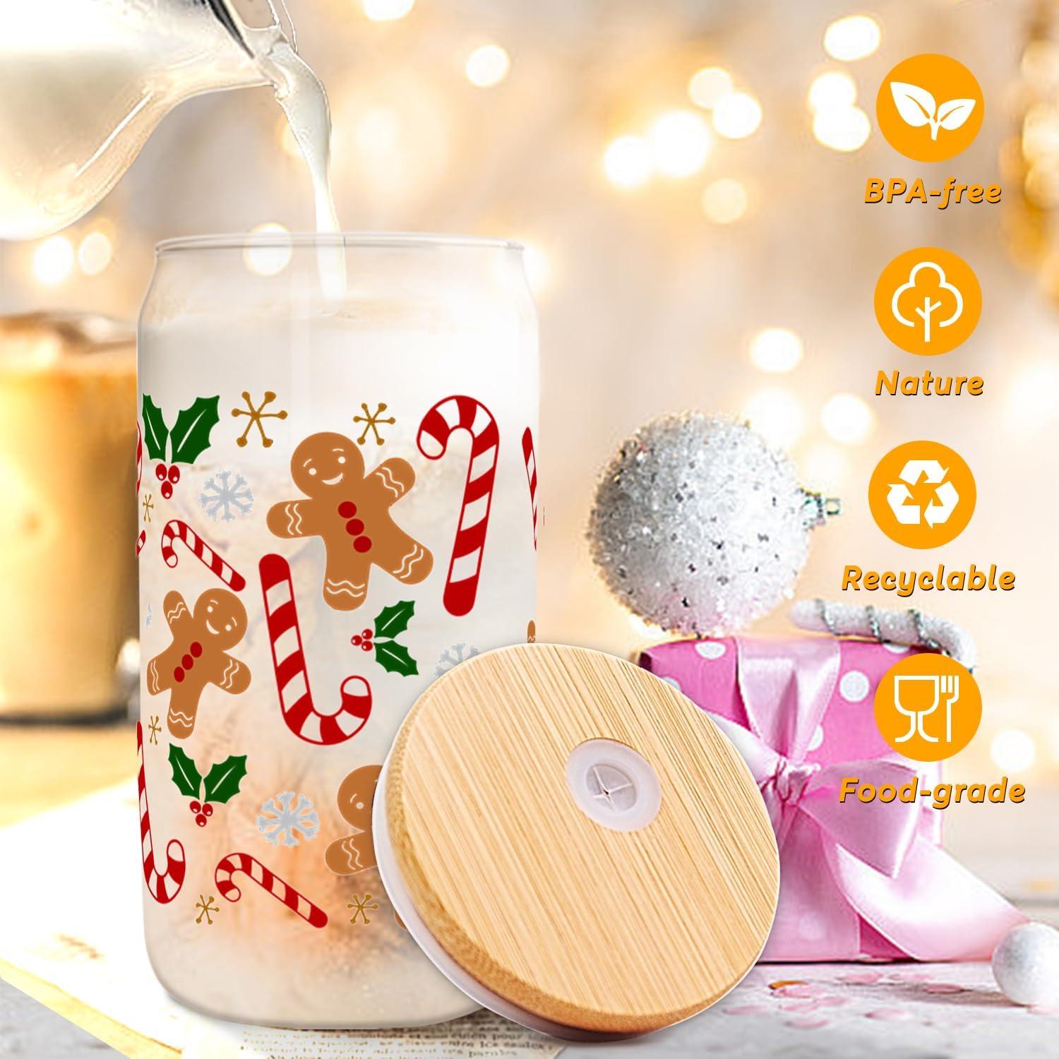 Christmas Cups, Gingerbread Iced Coffee Cup,Gingerbread Decorations, 16 oz Glass Cup with Lids and Straws, Xmas Mug Tumbler, Xmas Gifts - Christmas Gifts for Women Mom Her - Image 5