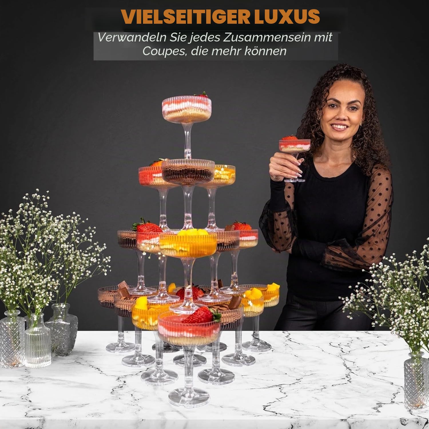 Ksestor Champagne-Turm – 21-teiliges Set aus 7oz Kunststoff Champagner-Coupes – Klar | Stapelbare Champagnergläser für Hochzeiten, Partys, Events und Gastgeber - Bruchfest - BPA-frei