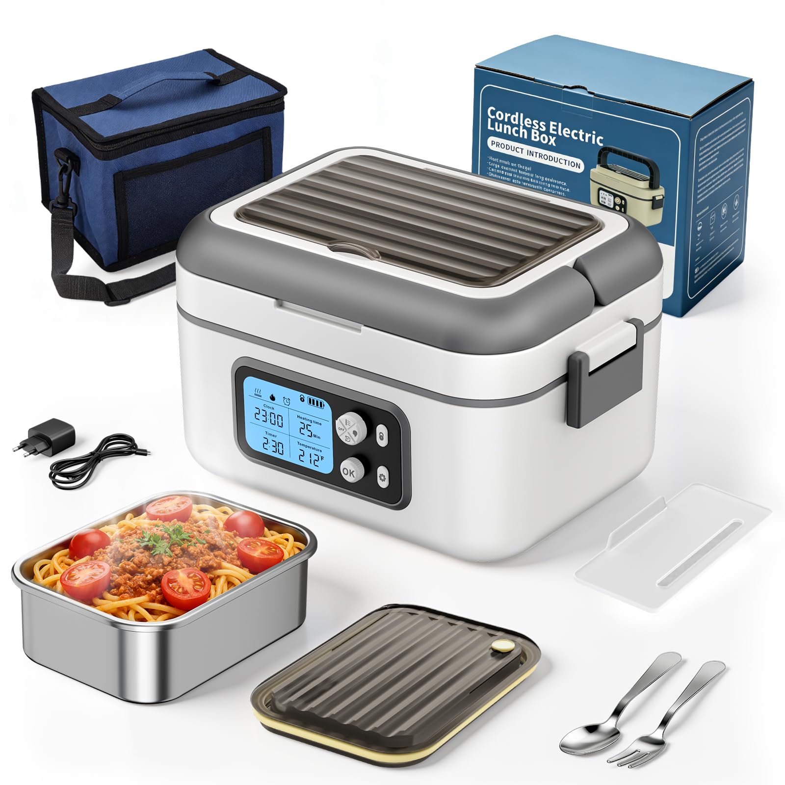 Lunch Box Riscaldato, Lunch Box Riscaldato Intelligente da 1.5L con Touchscreen, Scaldavivande Elettrico Wireless con Piatti in Acciaio Inox e Borsa Termica, Ideale per l'Ufficio/Viaggi/Campeggio