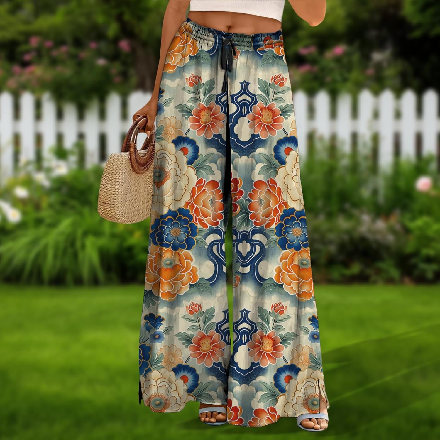 MARSVOVO Casual Elastic Waist Pants for Women Comfy Drawstring Flowy Palazzo Pants Beach Office Wide Leg Trousers