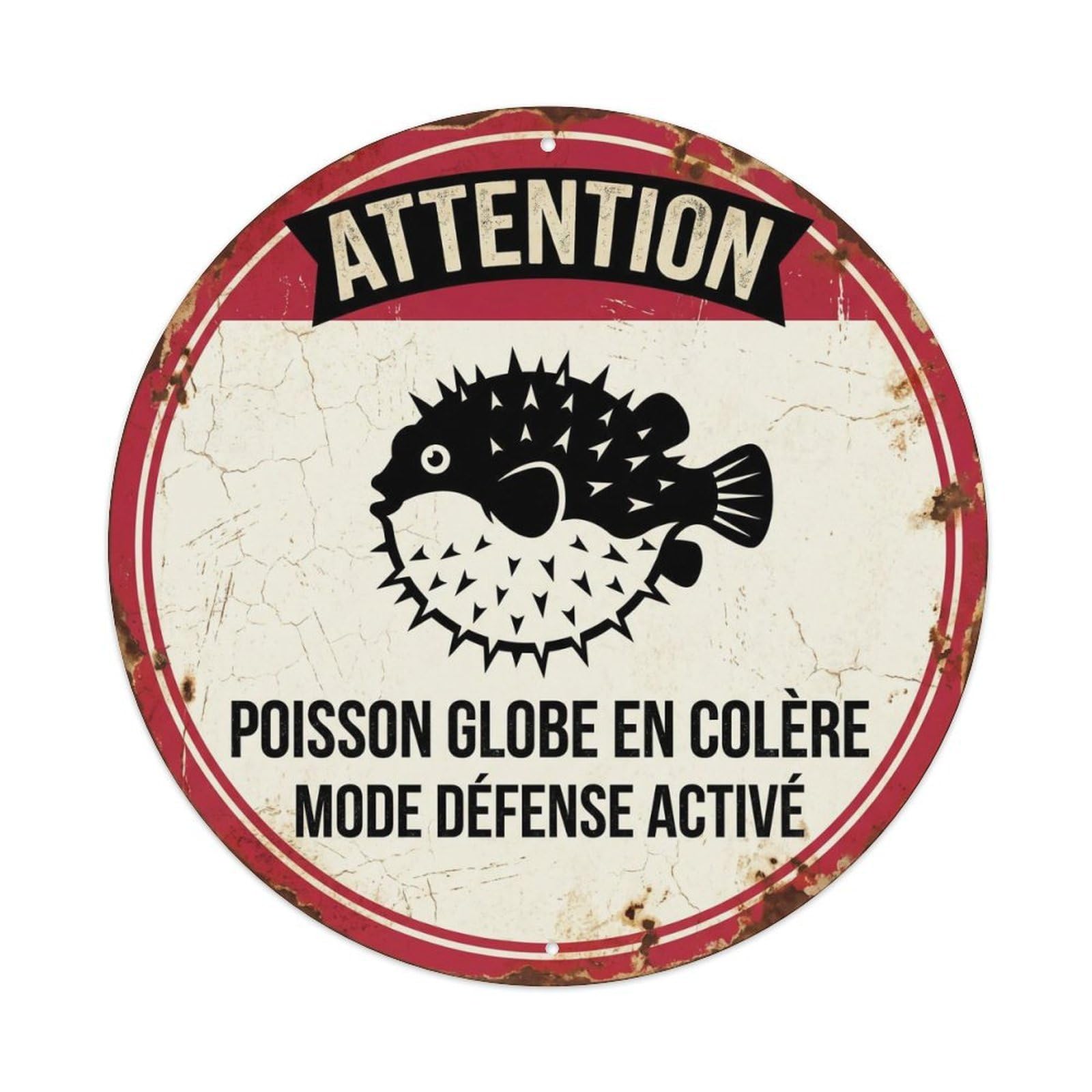 Vintage Grumpy Pufferfish Defense Mode Metal Tin Sign Plaque