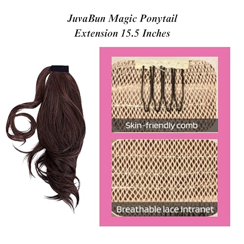 Miniatura 5 de JUVABUN Extensiones de cabello rizado mágico para cola de caballo de 15.5 pies, color marrón medio, extensiones de cabello sintético, onduladas y