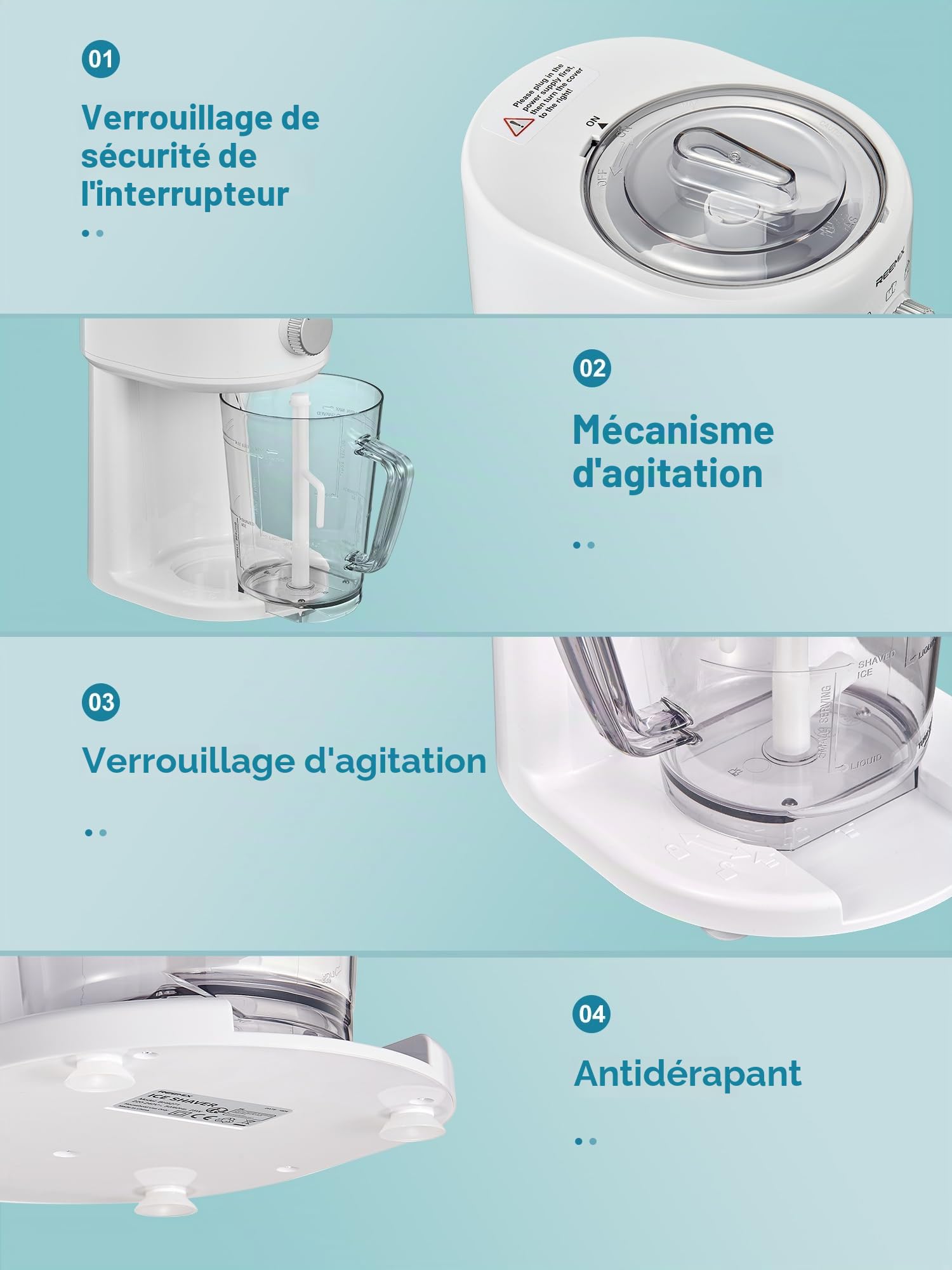 Reemix Machine à glace pilée, Broyeur de glace électrique et Machine à granité avec grande capacité de stockage, Broyeur de glace portable, épaisseur de glace réglable (Blanc)