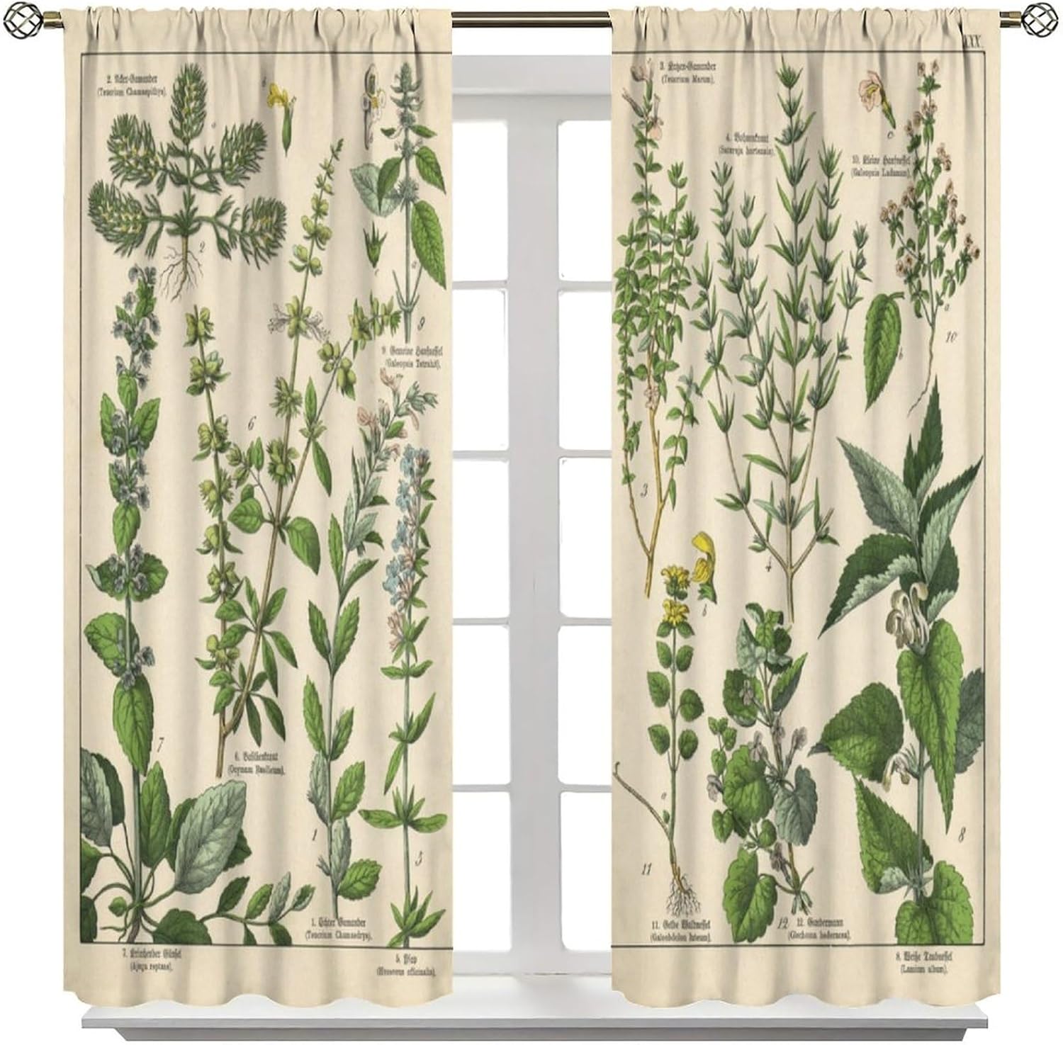 Vintage Botanical Curtains, Antique 1900s Plants Herbs Boho Retro Green Leaves Blackout Window Treatments, Rod Pocket Thermal Insulated Drapes 2 Panels Set for Bedroom Living Room, 42"W X 54"L