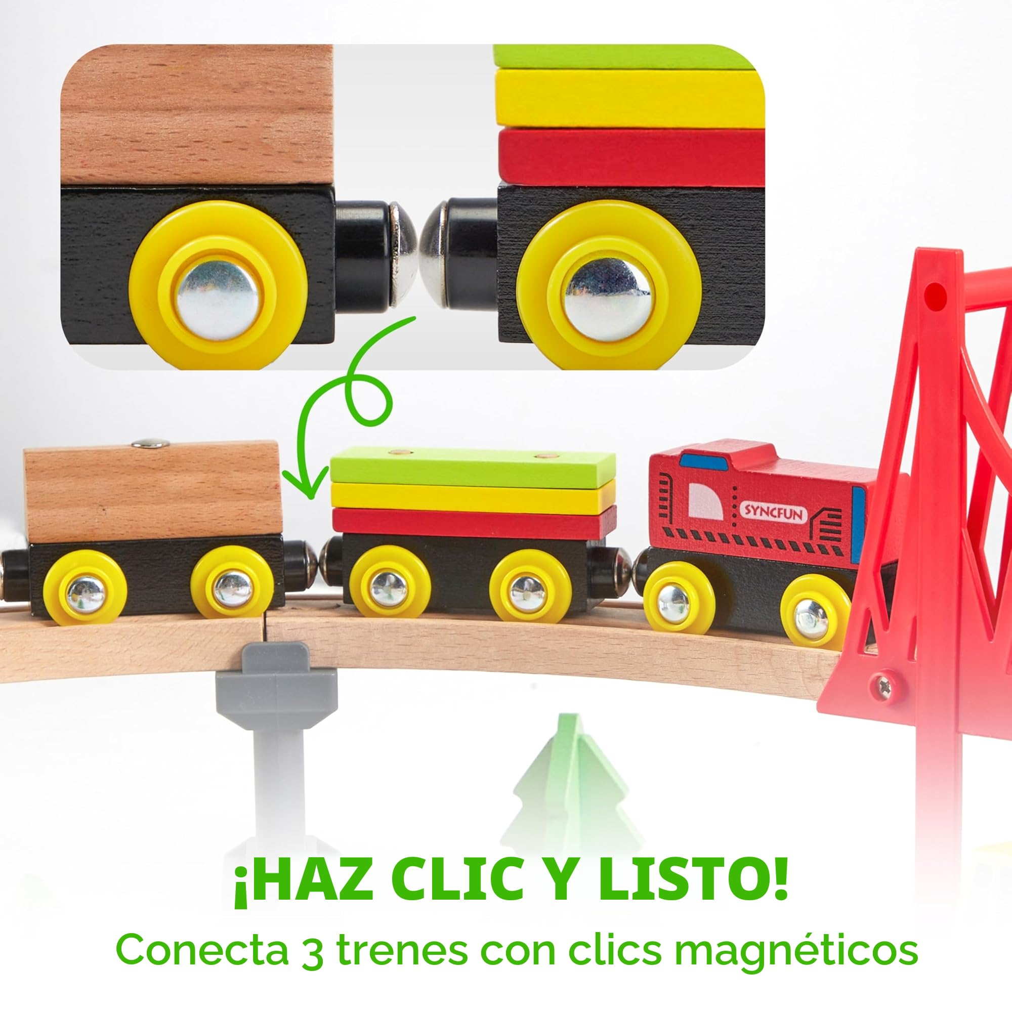 SYNCFUN 60 Piezas Tren Madera Juguete Montessori para Edades de 3 4 5 6 7 Años, Tren de Construcción, Ferrocarril de Ingeniería con Grúa Magnética, Trenes y Accesorios, Regalo para Niños y Niña