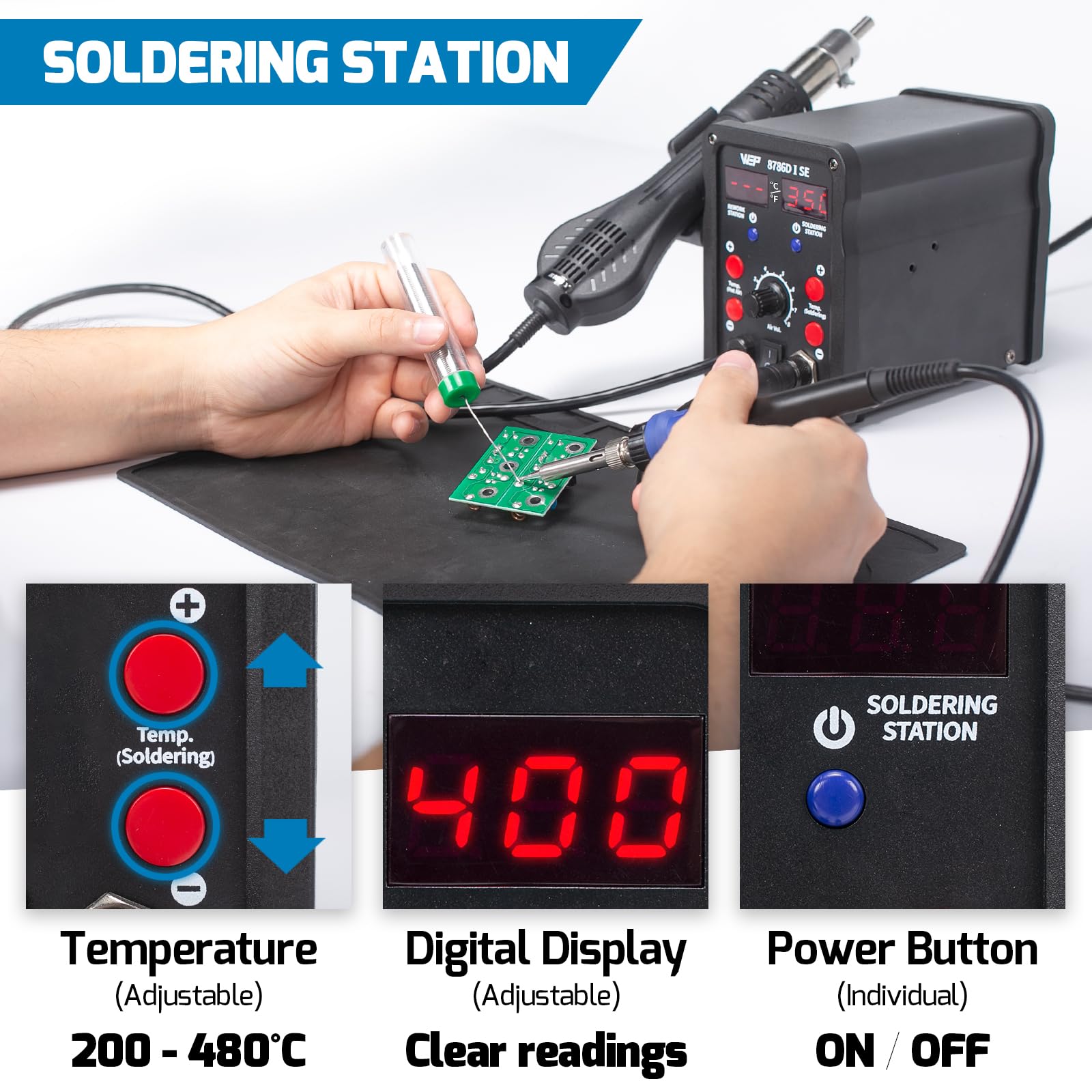 WEP 8786D-I SE Kit estación de soldadura con aire caliente 2-en-1para reparación desoldado con hilo de soldadura sin plomo 5 puntas de soldadura 3 boquillas de aire caliente bomba desoldadora(EU Plug)