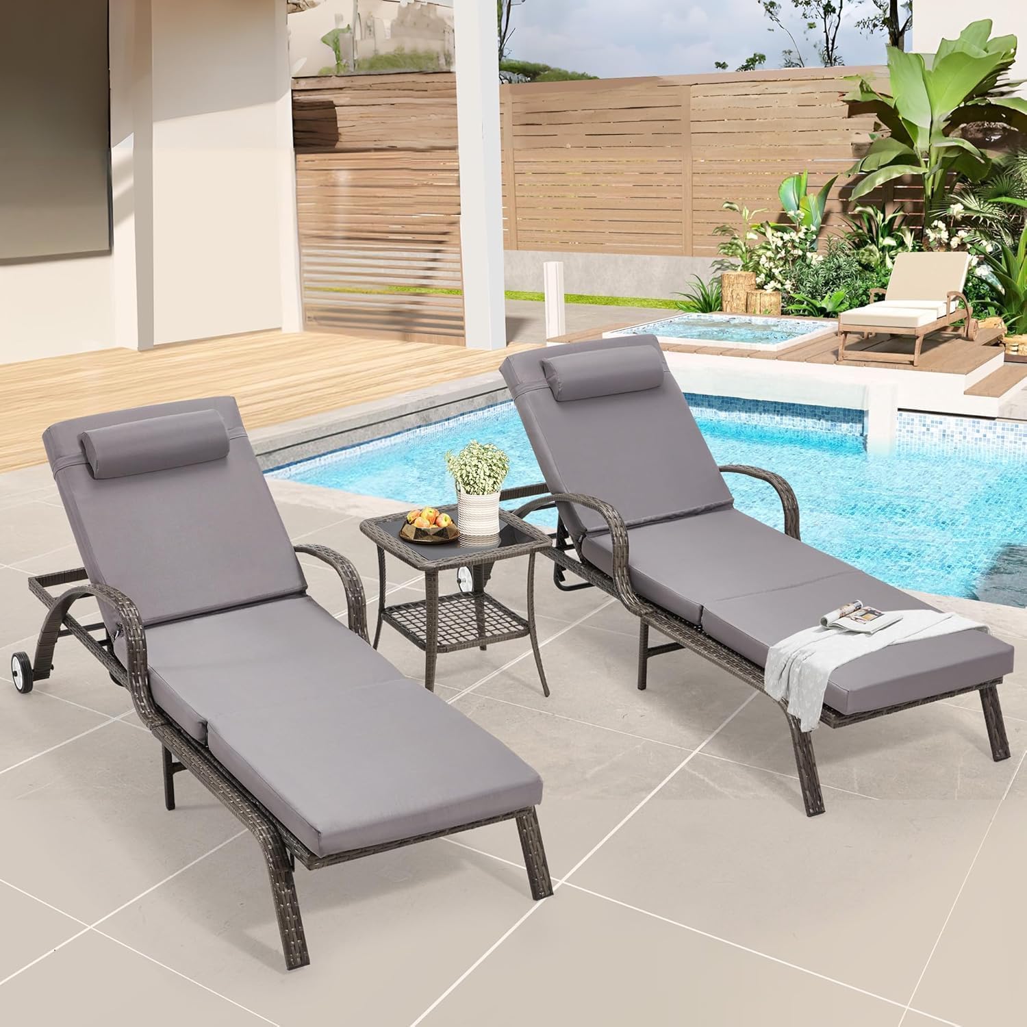 HOMREST Pool Lounge Chairs Set of 3, Outdoor Wicker Chaise with 5 Adjustable Backrest & Flexible Wheels, Patio Lounge Chair with Thicken Cushion for Garden and Poolside, Gray